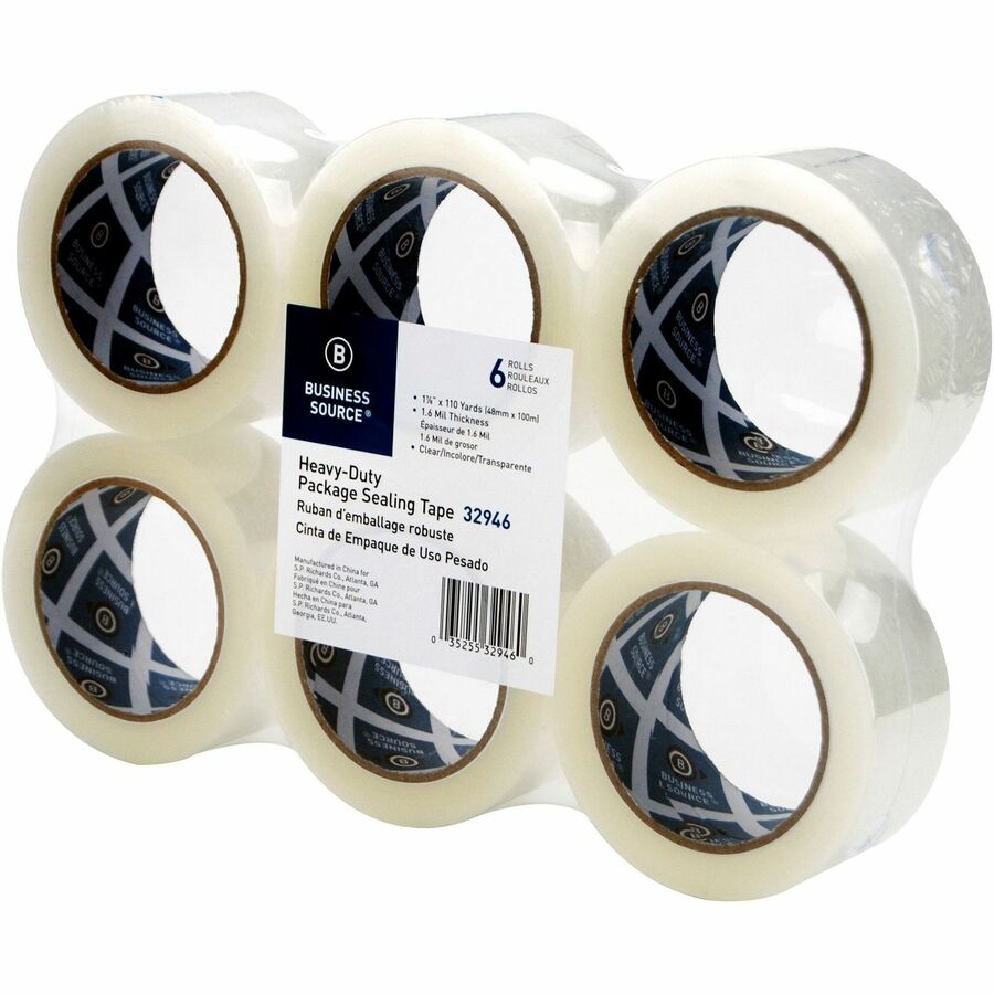 Business Source Heavy-duty Packaging/Sealing Tape - 110 yd Length x 1.88" Width - 3" Core - 1.60 mil - Breakage Resistance - For Bonding, Packing - 6 / Pack - Clear