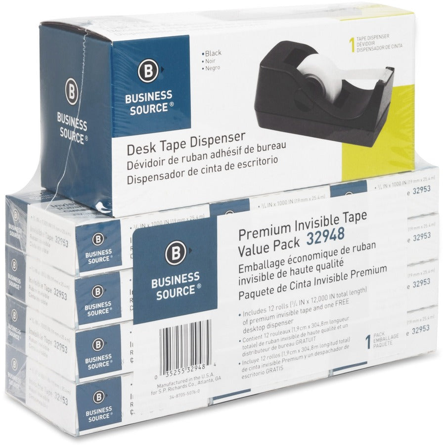 Business Source Invisible Tape Dispenser Value Pack - 27.78 yd Length x 0.75" Width - 1" Core - Acetate - Dispenser Included - Desktop Dispenser - For Multi Surface, Mending, Splicing, Holding - 12 / Pack - Clear