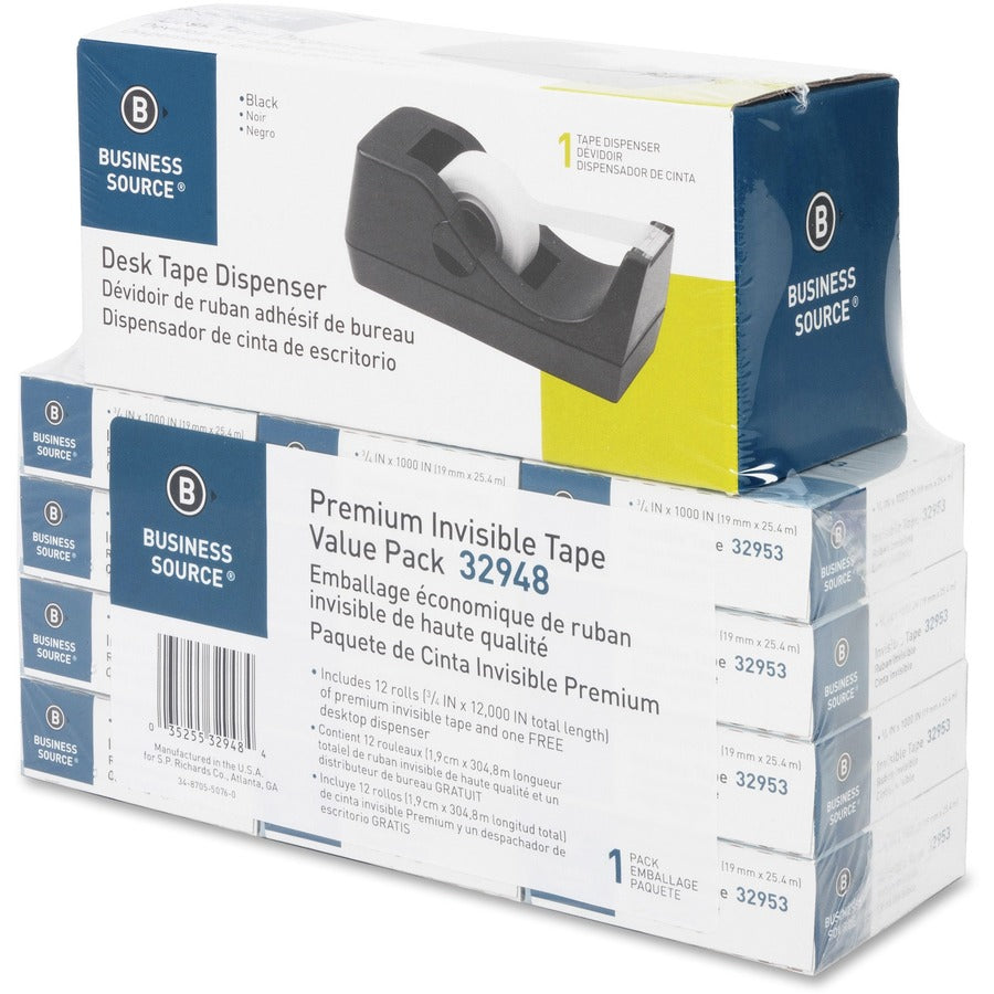 Business Source Invisible Tape Dispenser Value Pack - 27.78 yd Length x 0.75" Width - 1" Core - Acetate - Dispenser Included - Desktop Dispenser - For Multi Surface, Mending, Splicing, Holding - 12 / Pack - Clear