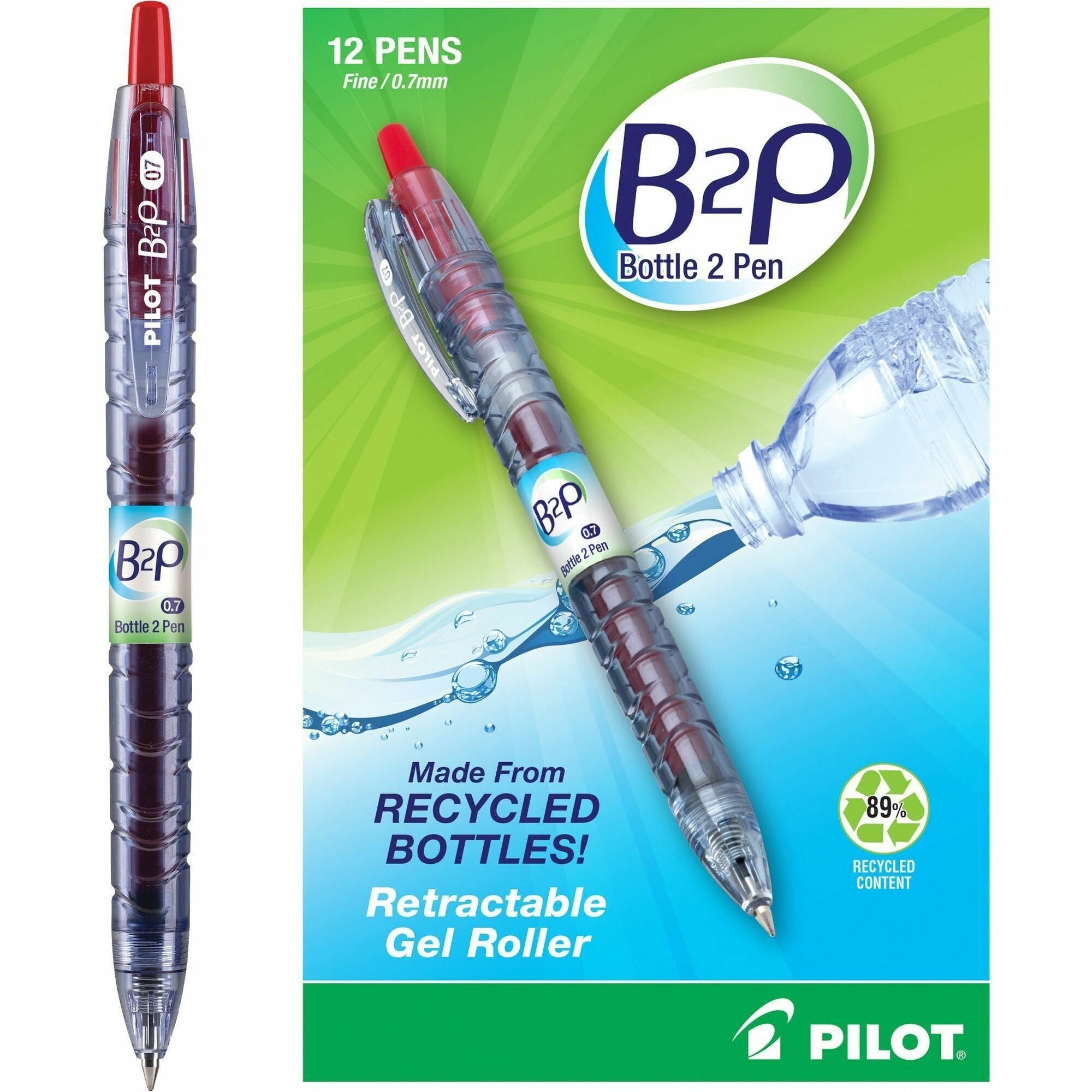 B2P Bottle-2-Pen Recycled Gel Pen, Retractable, Fine 0.7 mm, Red Ink, Translucent Blue Barrel
