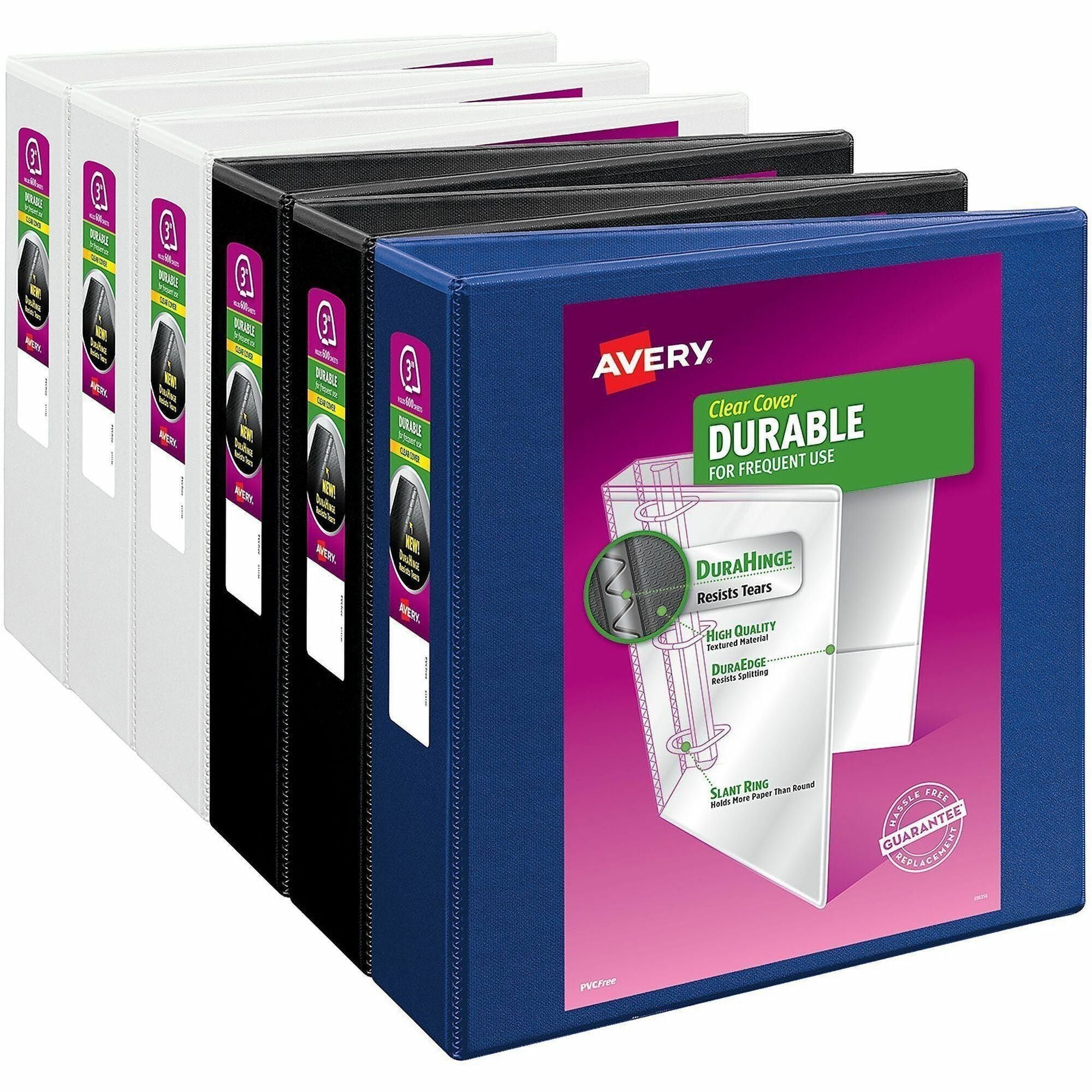 Avery Durable View 3 Ring Binder - Letter - 8.5" x 11" - 600 Sheet - 3" Capacity - 6 / Carton - Blue, White, Black
