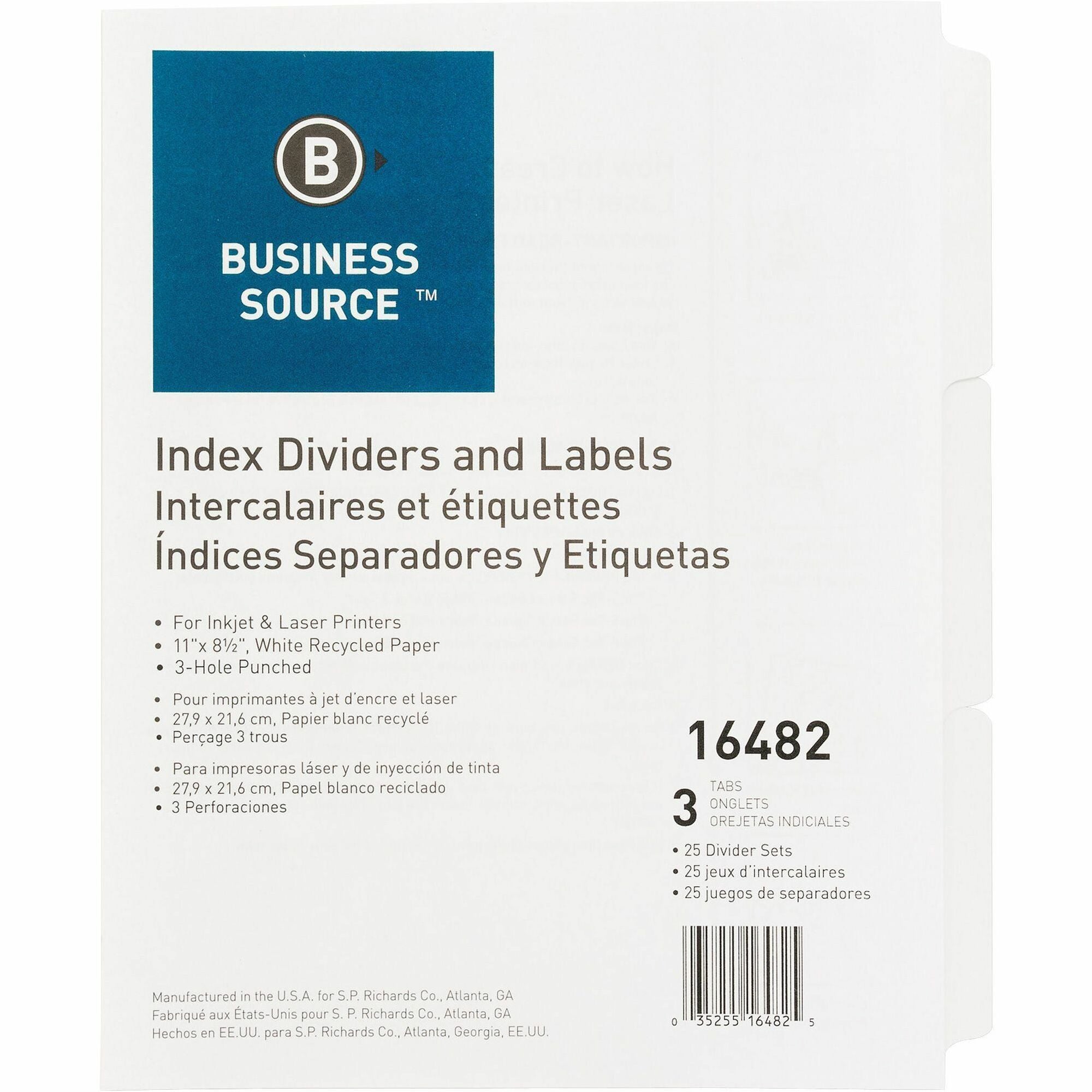 Business Source 3-Hole Punched Laser Index Tabs - 3 Tab(s) - 8.5" Divider Width x 11" Divider Length - Letter - 3 Hole Punched - White Tab(s) - Recycled - Punched, Mylar Reinforcement - 25 / Box - 