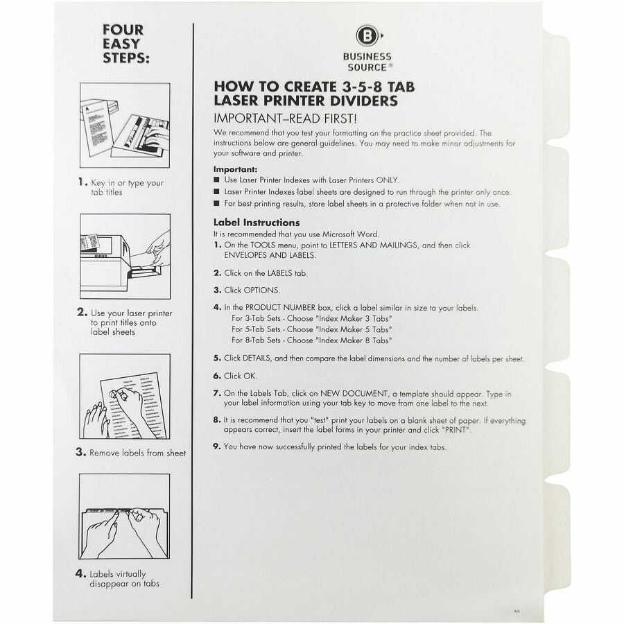 Business Source Un-punched Index Dividers Set - 5 x Divider(s) - Blank Tab(s) - 5 Tab(s)/Set - White Divider - White Tab(s) - Recycled - Unpunched - 25 / Box