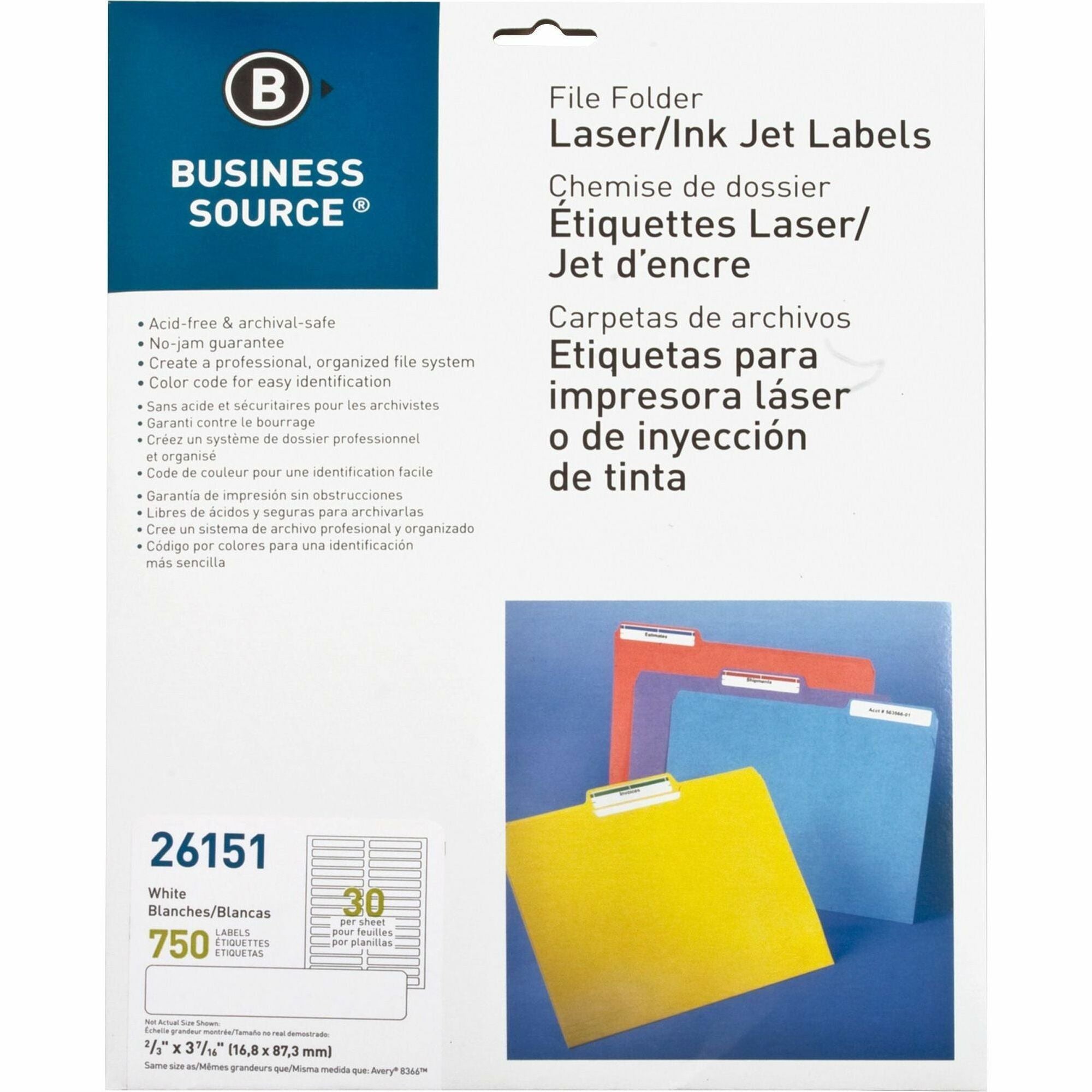 Business Source Laser/Inkjet Permanent File Folder Labels - 43/64" Width x 3 7/16" Length - Permanent Adhesive - Rectangle - Laser, Inkjet - White - 30 / Sheet - 750 / Pack - Jam-free, Lignin-free - 
