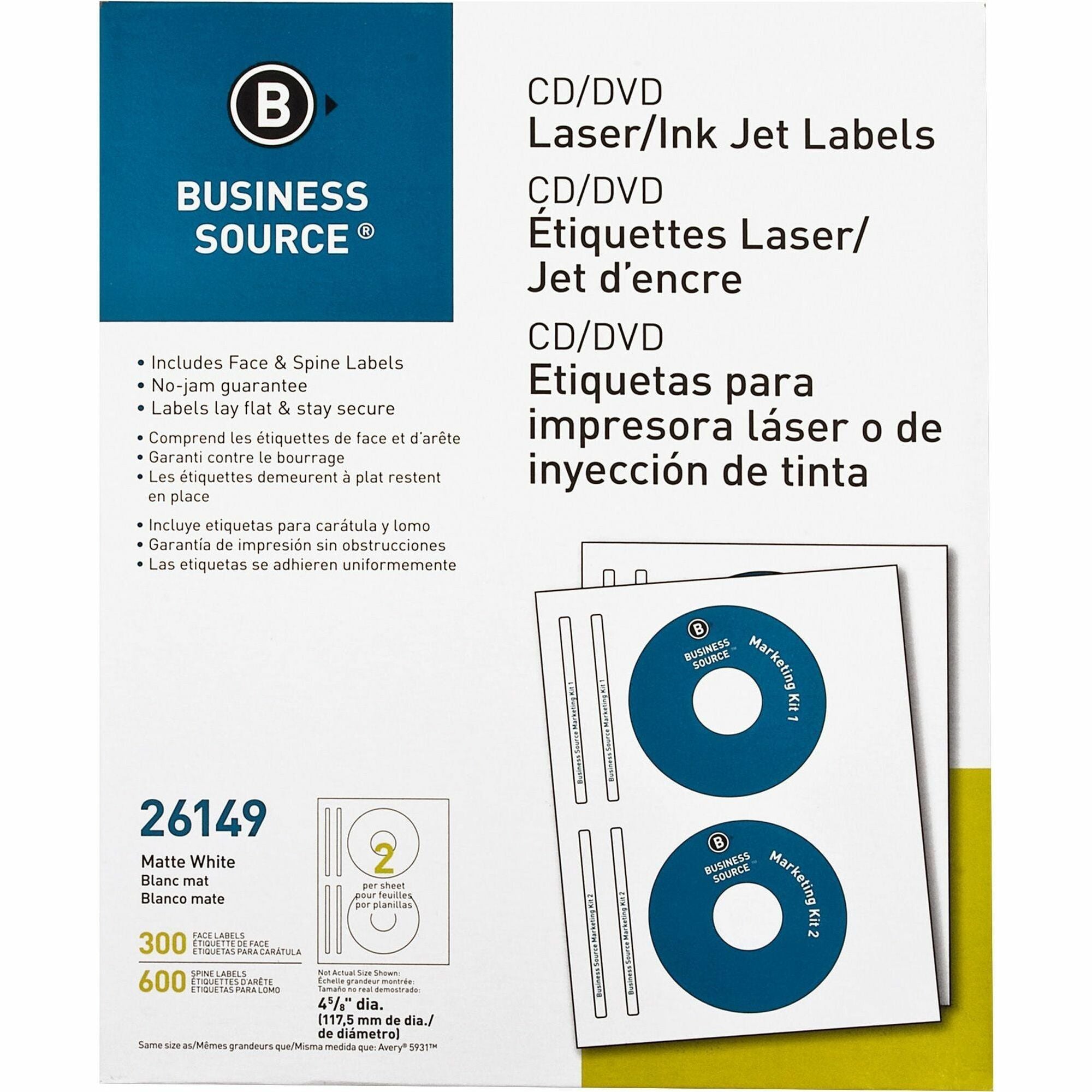 Business Source CD/DVD Labels - - Height4 5/8" Diameter - Permanent Adhesive - Circle - Inkjet, Laser - White - 300 / Pack - Lignin-free, Smudge Resistant - 