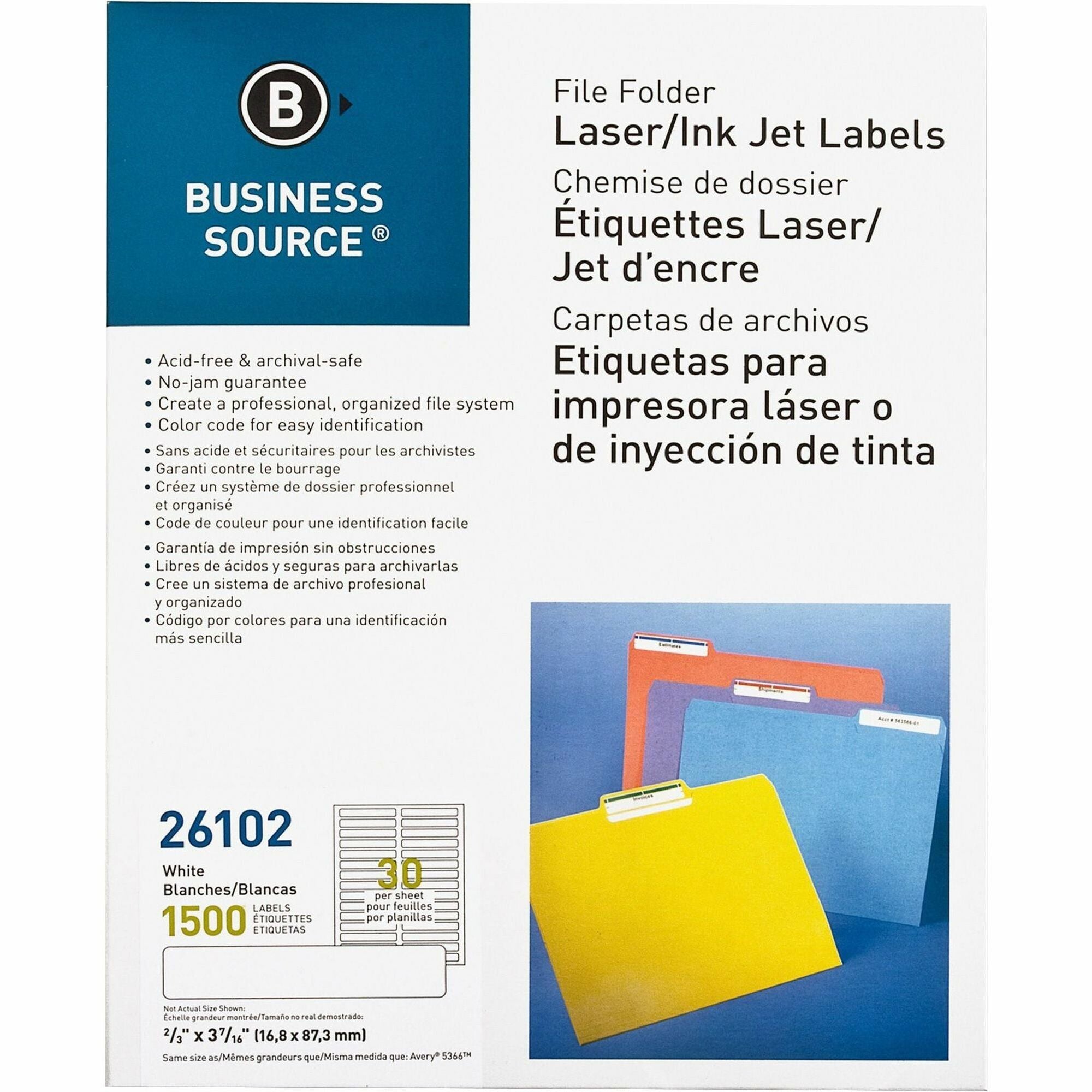 Business Source Laser/Inkjet File Folder Labels - 21/32" Width x 3 7/16" Length - Permanent Adhesive - Rectangle - Laser, Inkjet - White - Paper - 30 / Sheet - 1500 / Pack - Jam-free, Lignin-free, Self-adhesive - 