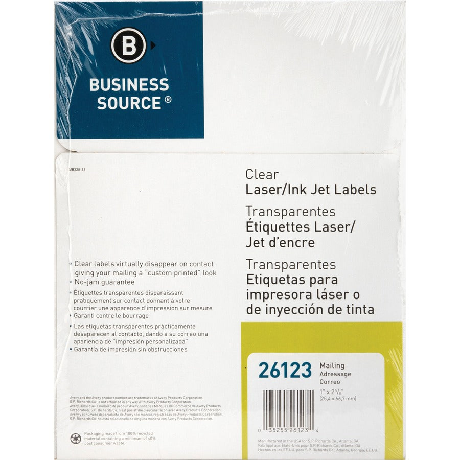 Business Source Mailing Address Labels - 1" Width x 2 3/4" Length - Permanent Adhesive - Rectangle - Laser - Clear - 30 / Sheet - 1500 / Pack - Self-adhesive