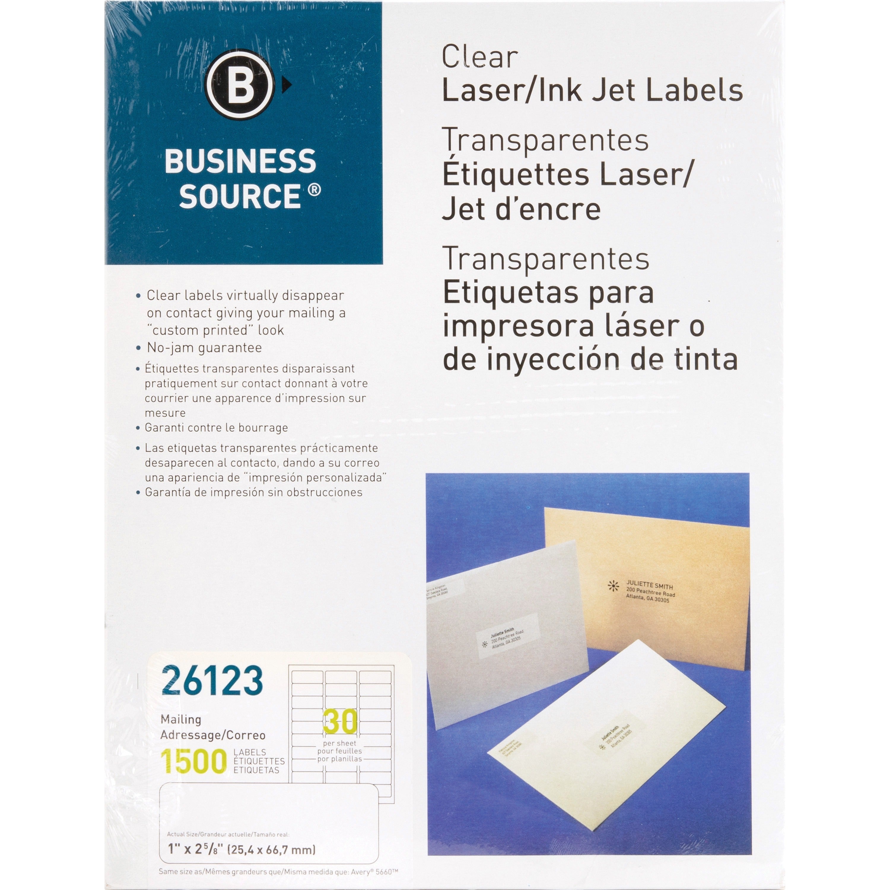 Business Source Mailing Address Labels - 1" Width x 2 3/4" Length - Permanent Adhesive - Rectangle - Laser - Clear - 30 / Sheet - 1500 / Pack - Self-adhesive - 