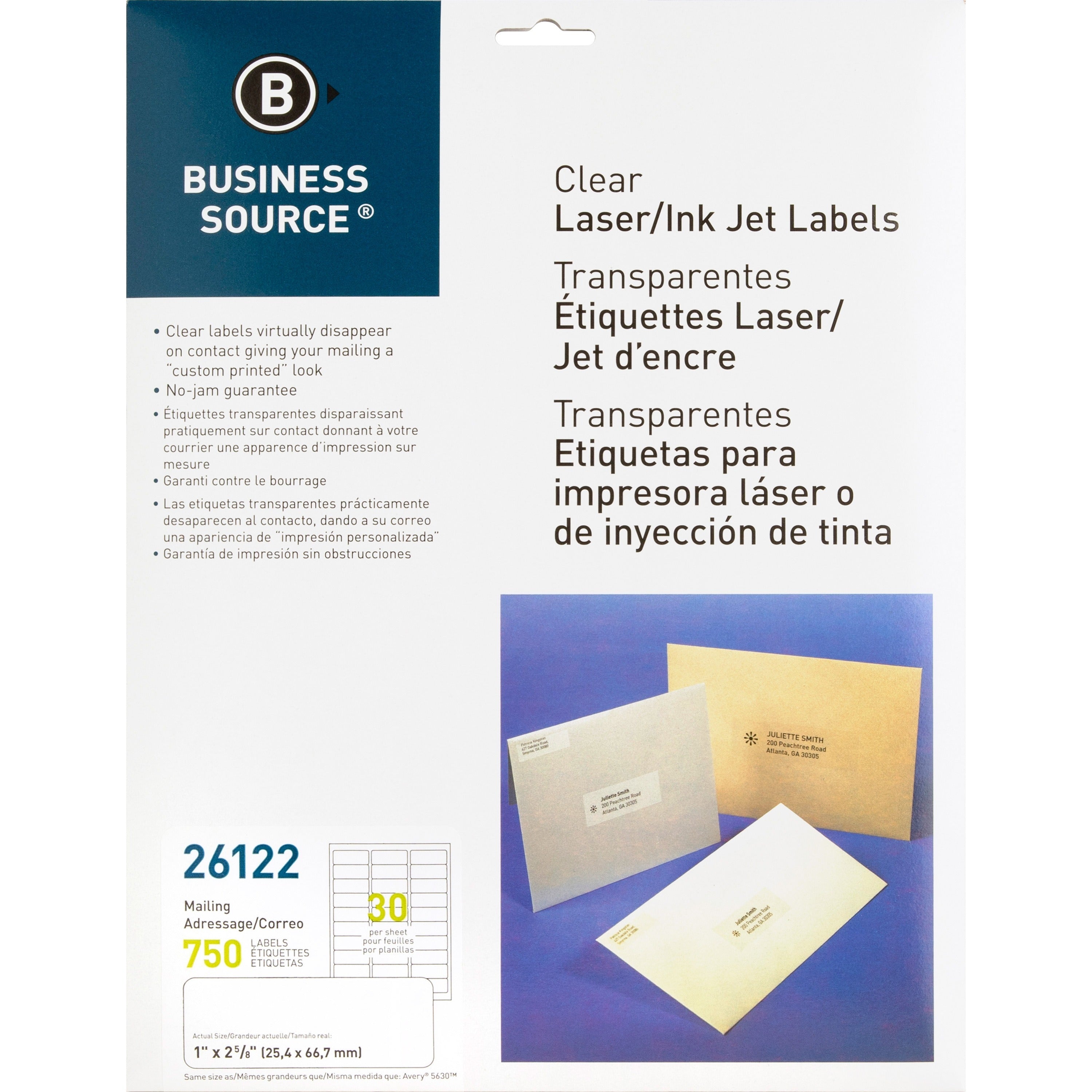 Business Source Mailing Address Labels - 1" Width x 2 3/4" Length - Permanent Adhesive - Rectangle - Laser - Clear - 30 / Sheet - 750 / Pack - Self-adhesive - 