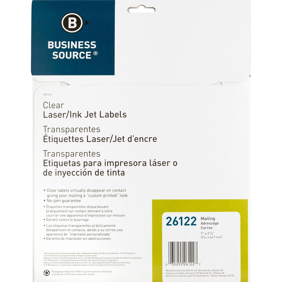 Business Source Mailing Address Labels - 1" Width x 2 3/4" Length - Permanent Adhesive - Rectangle - Laser - Clear - 30 / Sheet - 750 / Pack - Self-adhesive