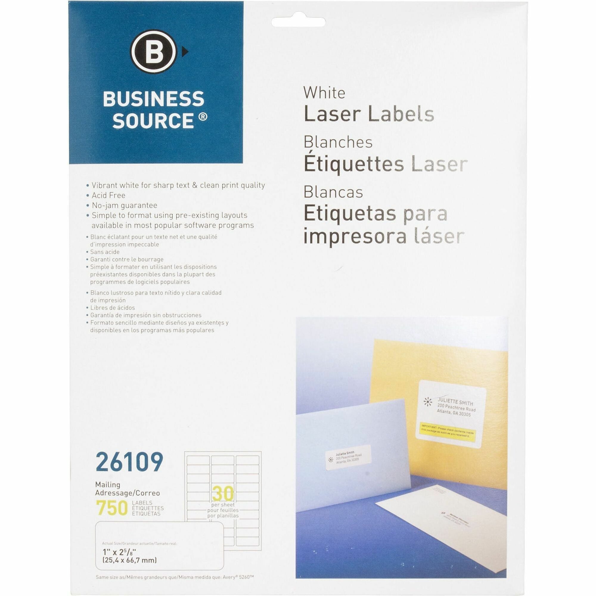 Business Source Bright White Premium-quality Address Labels - 1" Width x 2 5/8" Length - Permanent Adhesive - Rectangle - Laser, Inkjet - White - 30 / Sheet - 25 Total Sheets - 750 / Pack - Lignin-free, Jam-free - 