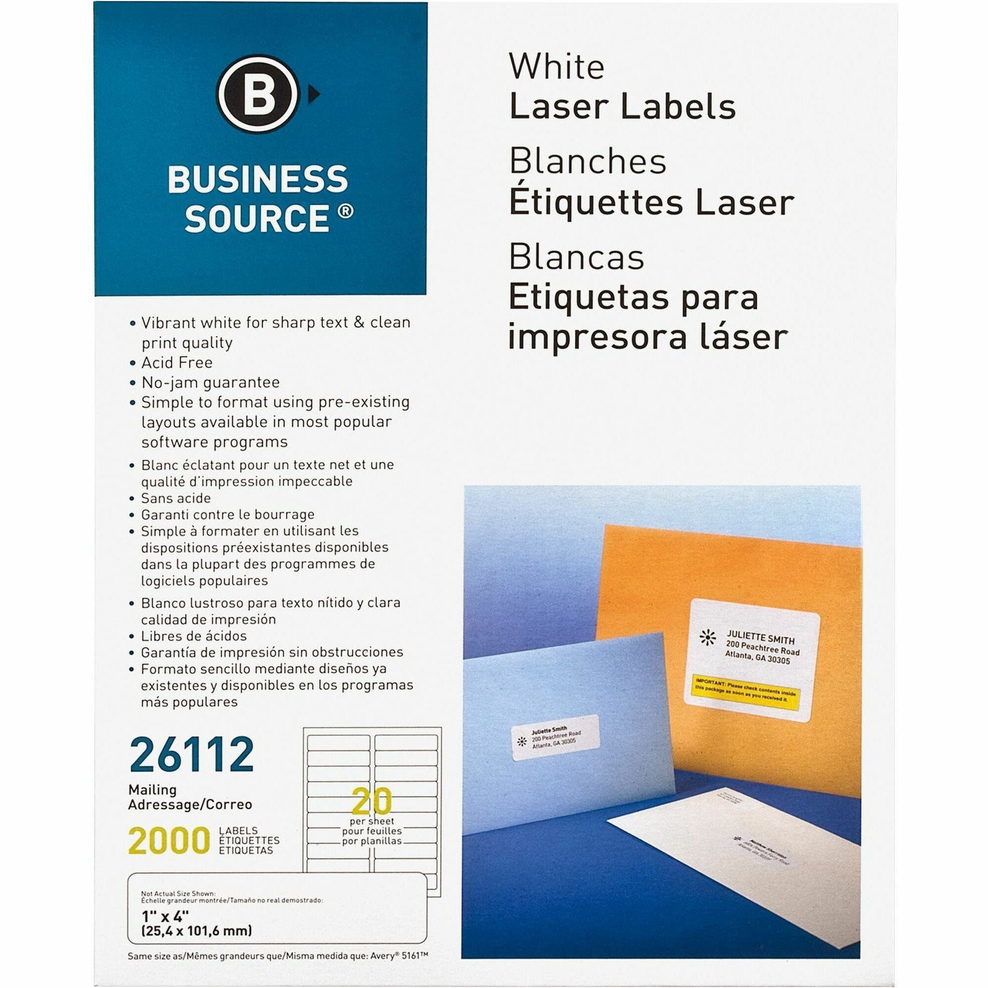 Business Source Bright White Premium-quality Address Labels - 1" Width x 4" Length - Permanent Adhesive - Rectangle - Laser, Inkjet - White - 20 / Sheet - 100 Total Sheets - 2000 / Pack - Lignin-free, Jam-free - 