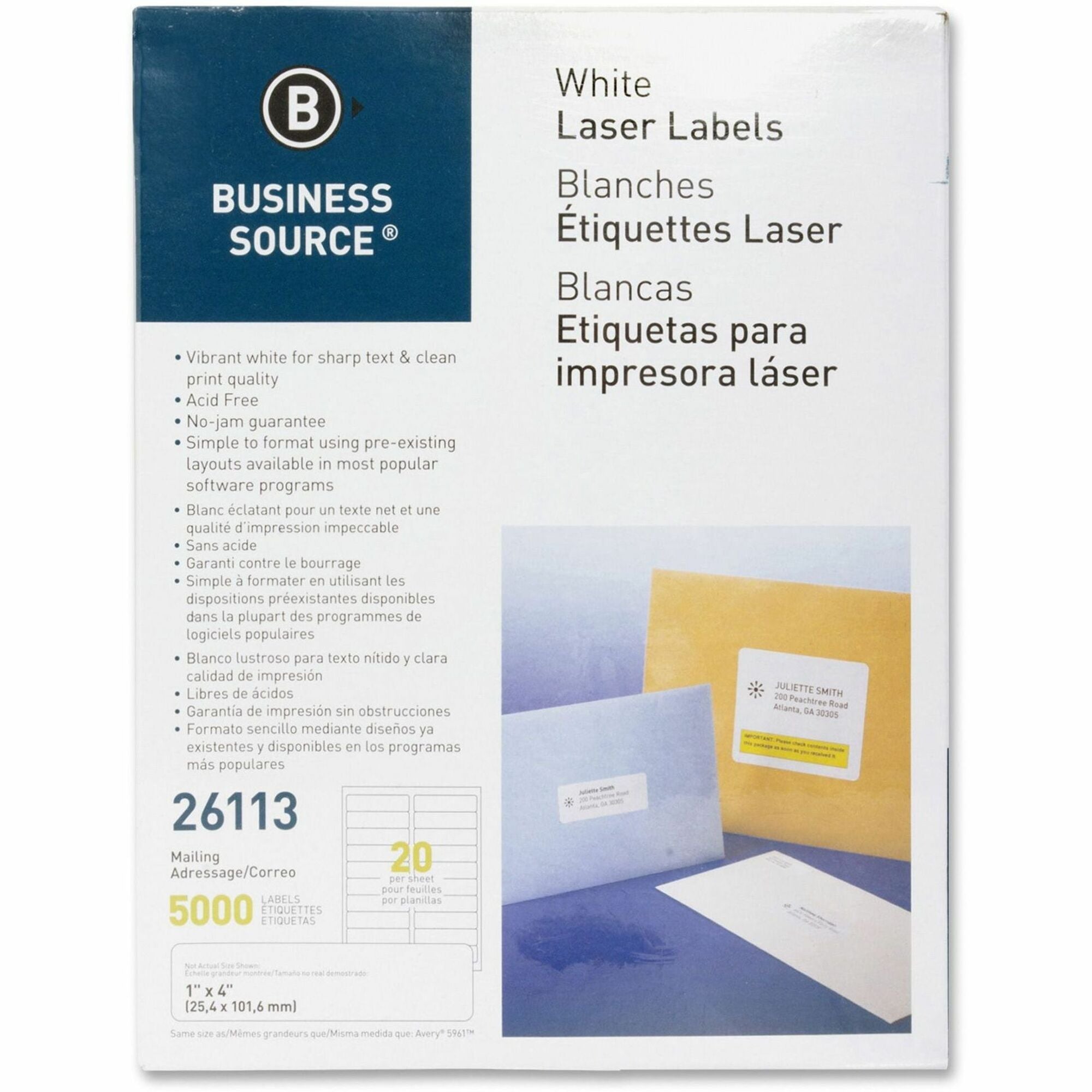 Business Source Bright White Premium-quality Address Labels - 1" Width x 4" Length - Permanent Adhesive - Rectangle - Laser, Inkjet - White - 20 / Sheet - 250 Total Sheets - 5000 / Pack - Lignin-free, Jam-free - 