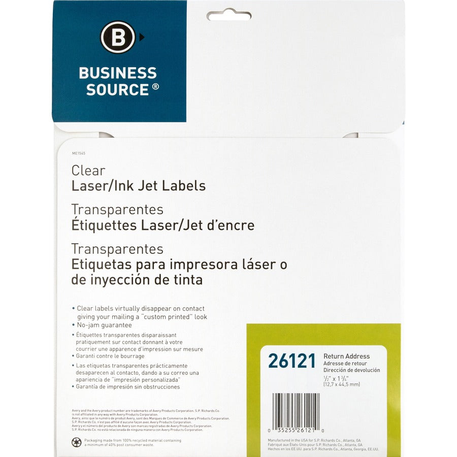 Business Source Clear Return Address Laser Labels - 1/2" Height x 1 3/4" Width - Permanent Adhesive - Rectangle - Laser - Clear - 80 / Sheet - 2000 / Pack - Self-adhesive