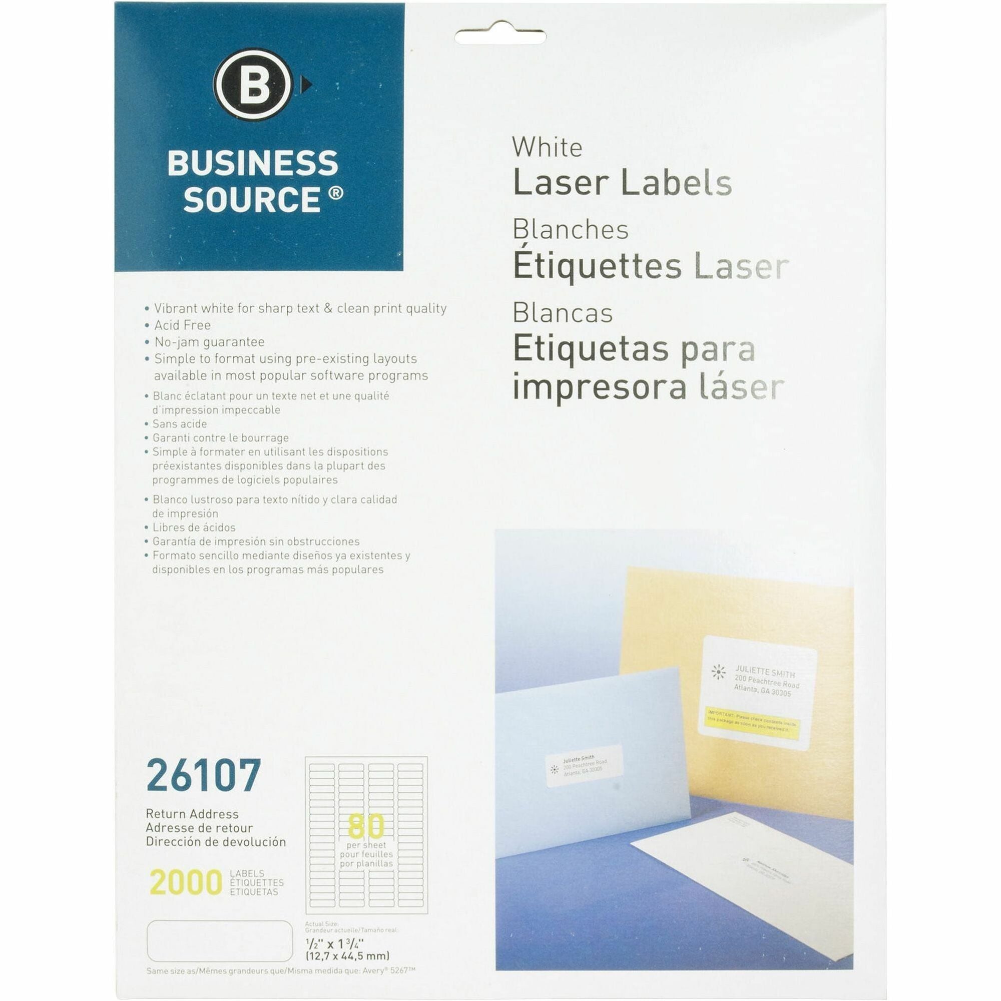 Business Source Address Laser Labels - 1/2" Width x 1 3/4" Length - Permanent Adhesive - Rectangle - Laser - White - 80 / Sheet - 25 Total Sheets - 2000 / Pack - Lignin-free, Jam-free - 