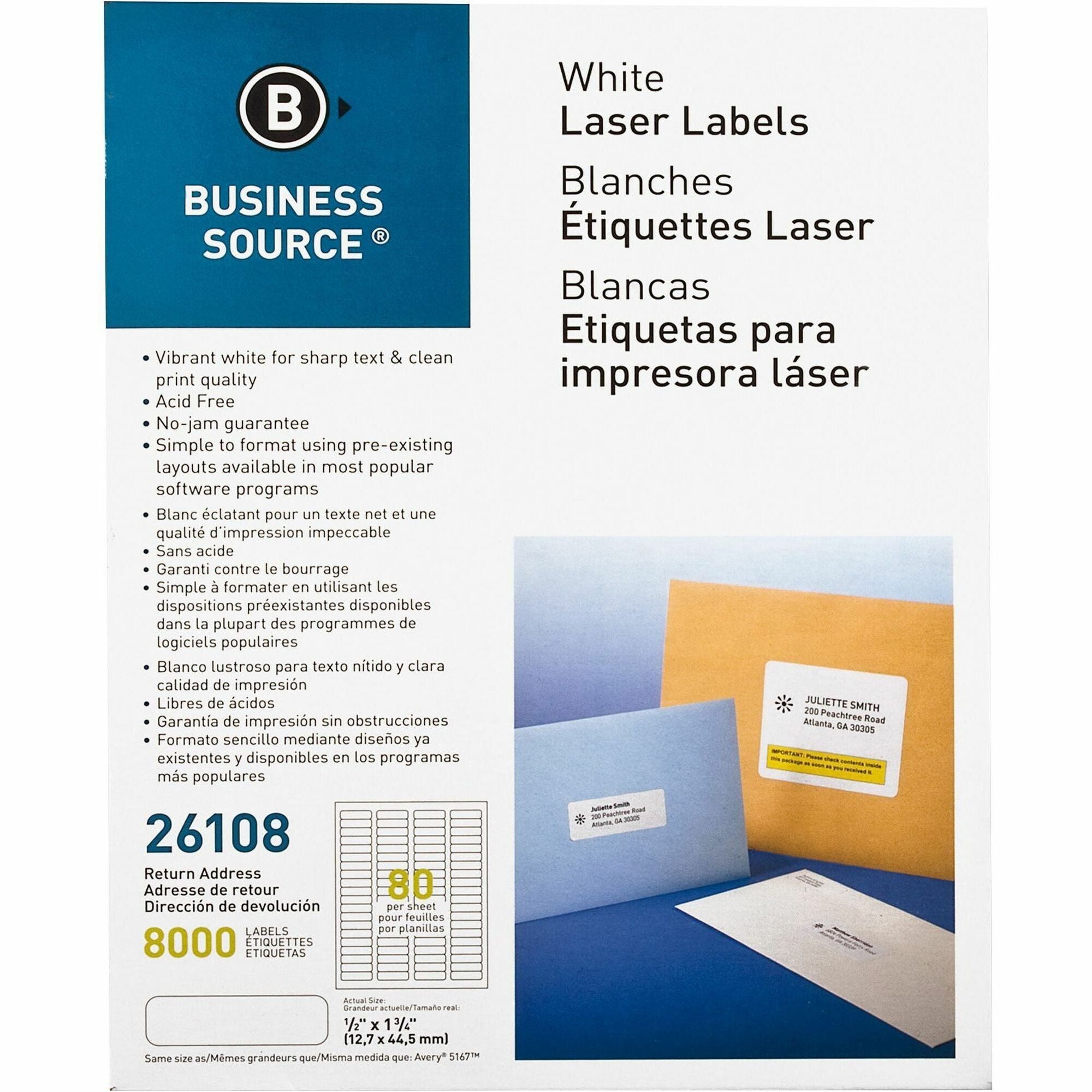 Business Source Address Laser Labels - 1/2" Width x 1 3/4" Length - Permanent Adhesive - Rectangle - Laser - White - 80 / Sheet - 100 Total Sheets - 8000 / Pack - Lignin-free, Jam-free - 