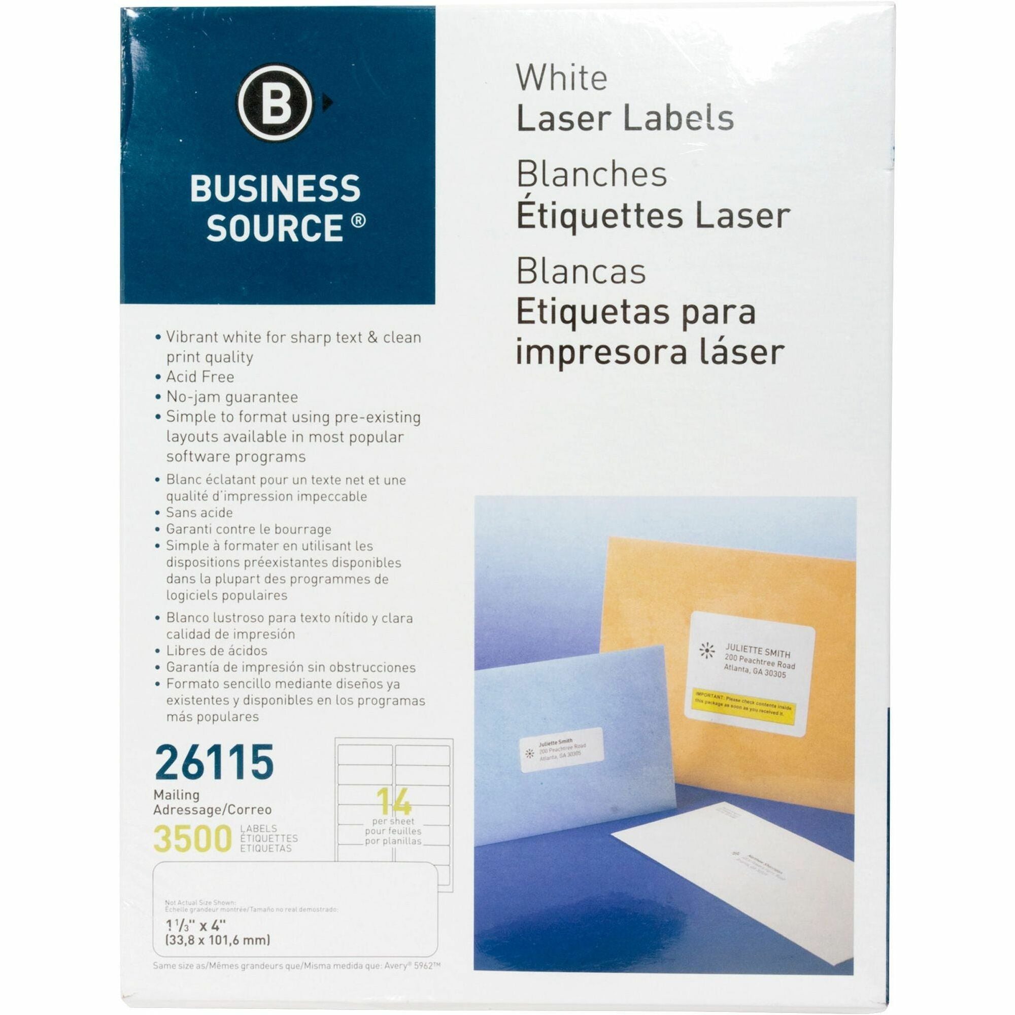 Business Source Bright White Premium-quality Address Labels - 1 1/3" Width x 4" Length - Permanent Adhesive - Rectangle - Laser, Inkjet - White - 14 / Sheet - 250 Total Sheets - 3500 / Pack - Lignin-free, Jam-free - 