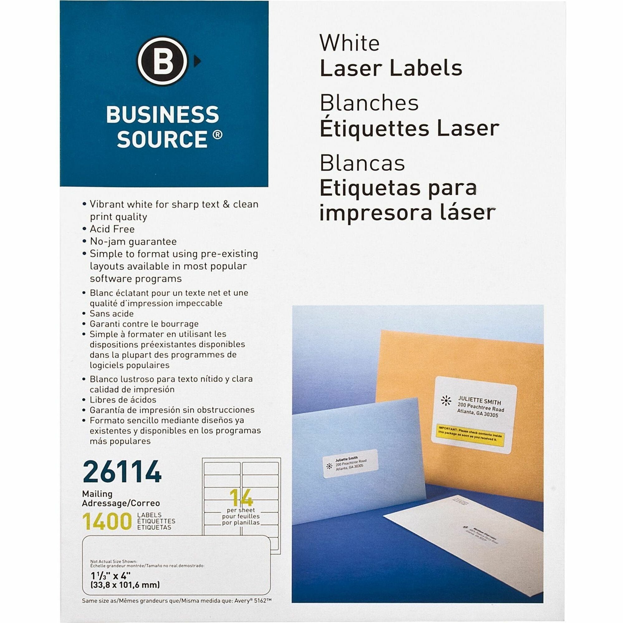 Business Source Bright White Premium-quality Address Labels - 1 1/3" Width x 4" Length - Permanent Adhesive - Rectangle - Laser, Inkjet - White - 14 / Sheet - 100 Total Sheets - 1400 / Pack - Lignin-free, Jam-free - 