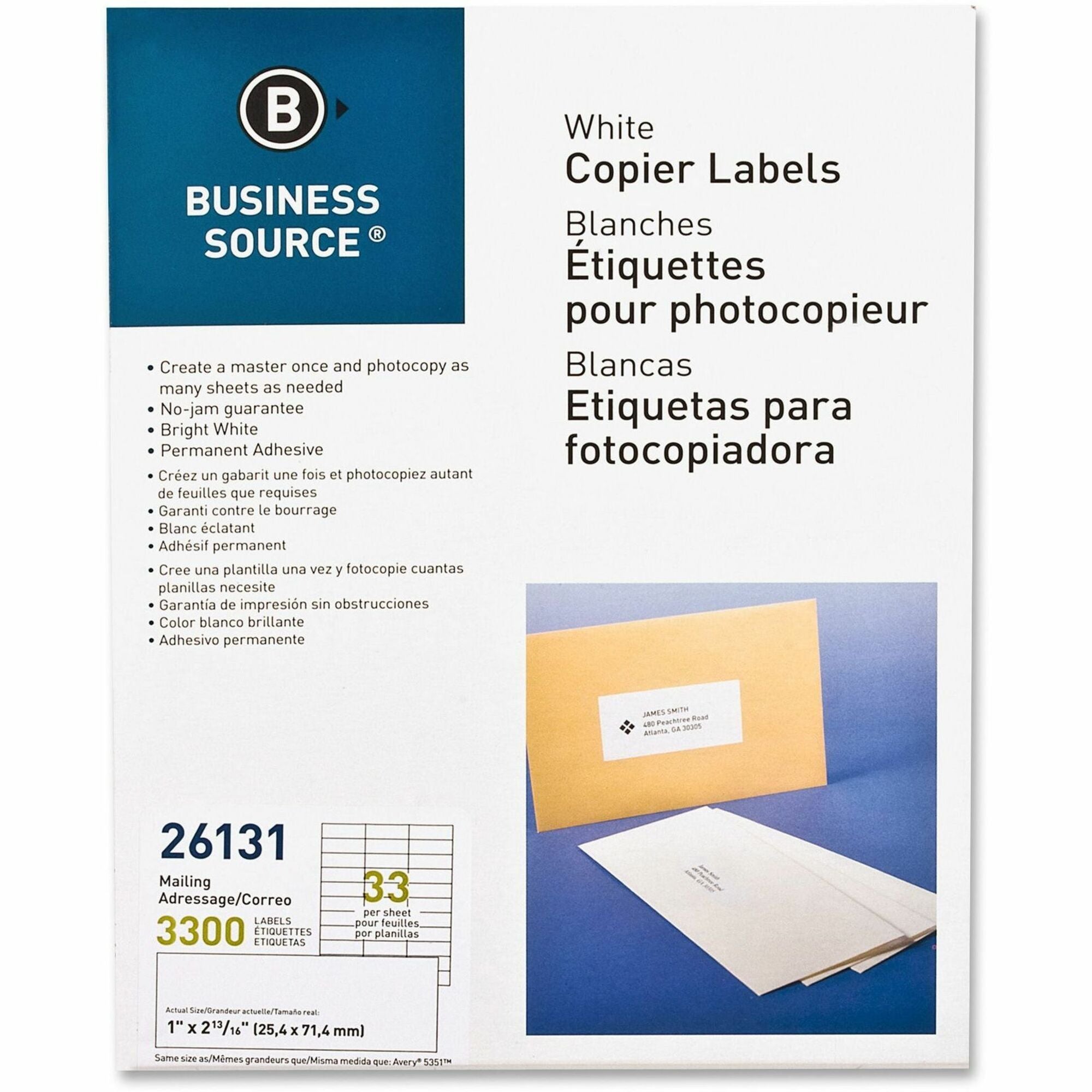 Business Source Bright White Copier Labels - 1" Width x 2 3/4" Length - Rectangle - White - 33 / Sheet - 3300 / Pack - Lignin-free, Jam-free - 