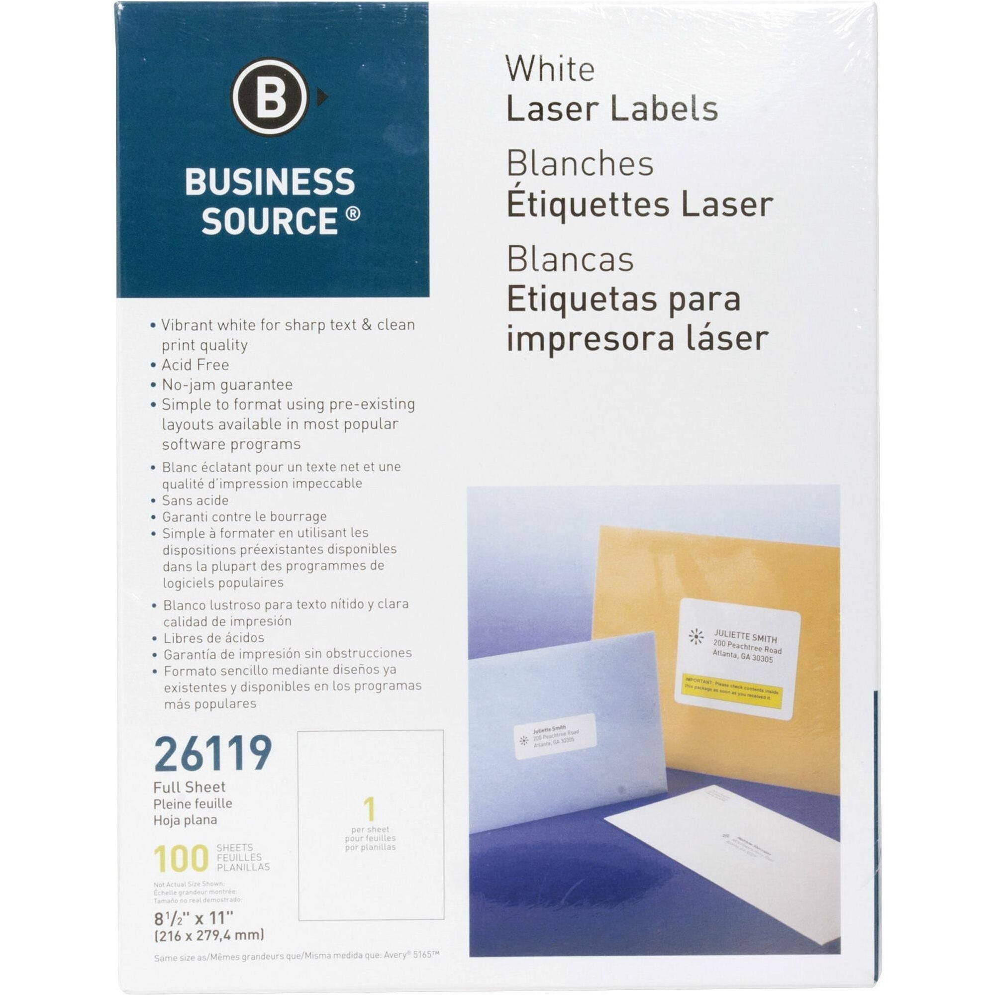 Business Source Address Labels - 8 1/2" Width x 11" Length - Permanent Adhesive - Rectangle - Laser, Inkjet - White - 1 / Sheet - 100 Total Sheets - 100 / Pack - Lignin-free, Jam-free - 