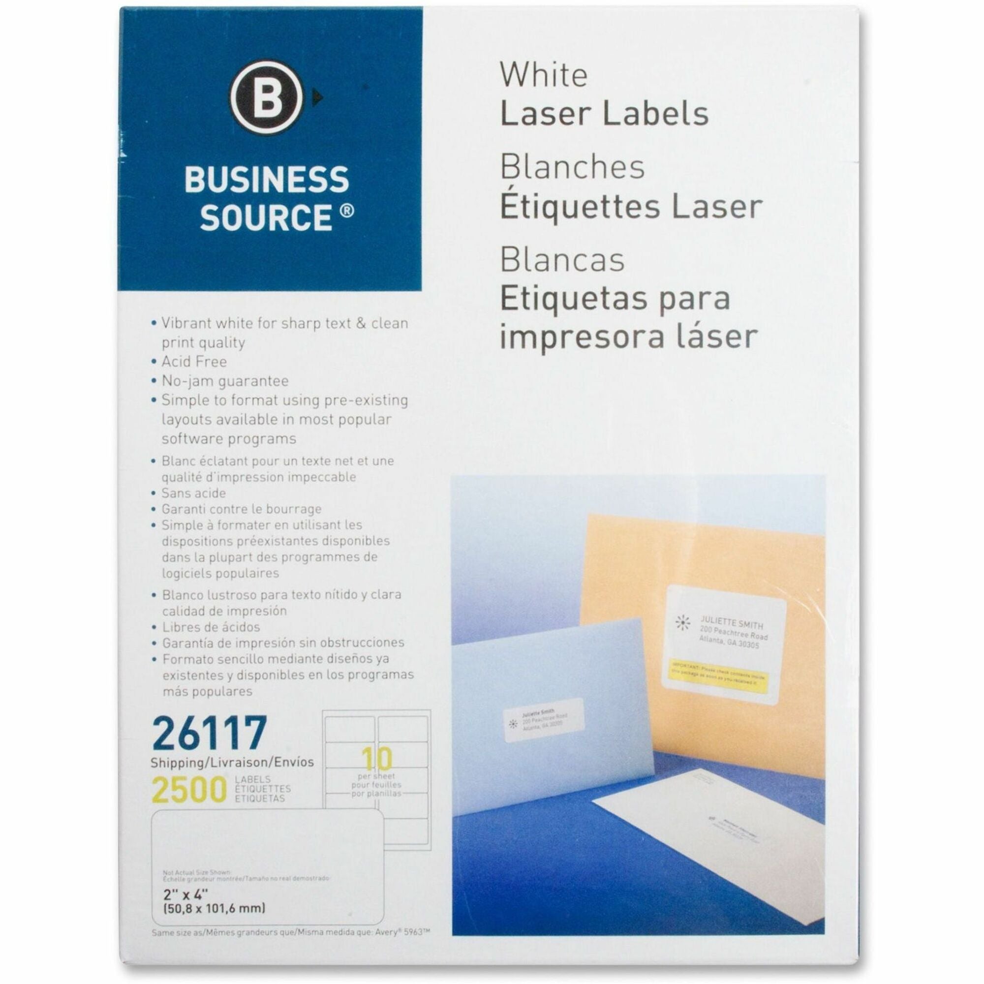 Business Source Bright White Premium-quality Shipping Labels - 2" Width x 4" Length - Permanent Adhesive - Rectangle - Laser, Inkjet - White - 10 / Sheet - 250 Total Sheets - 2500 / Pack - Lignin-free, Jam-free - 