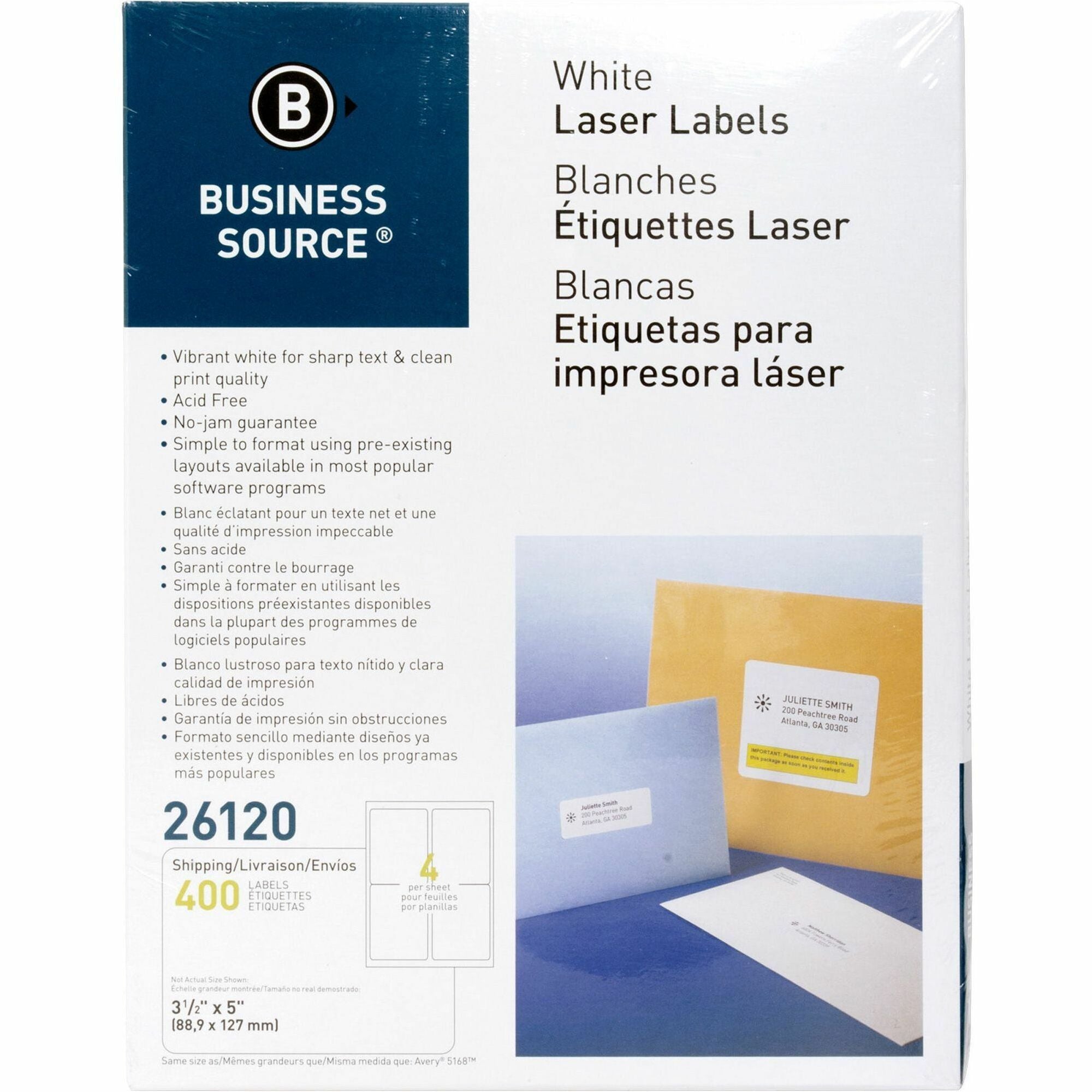 Business Source Bright White Premium-quality Address Labels - 3 1/2" Width x 5" Length - Permanent Adhesive - Rectangle - Laser, Inkjet - White - 4 / Sheet - 100 Total Sheets - 400 / Pack - Lignin-free, Jam-free - 