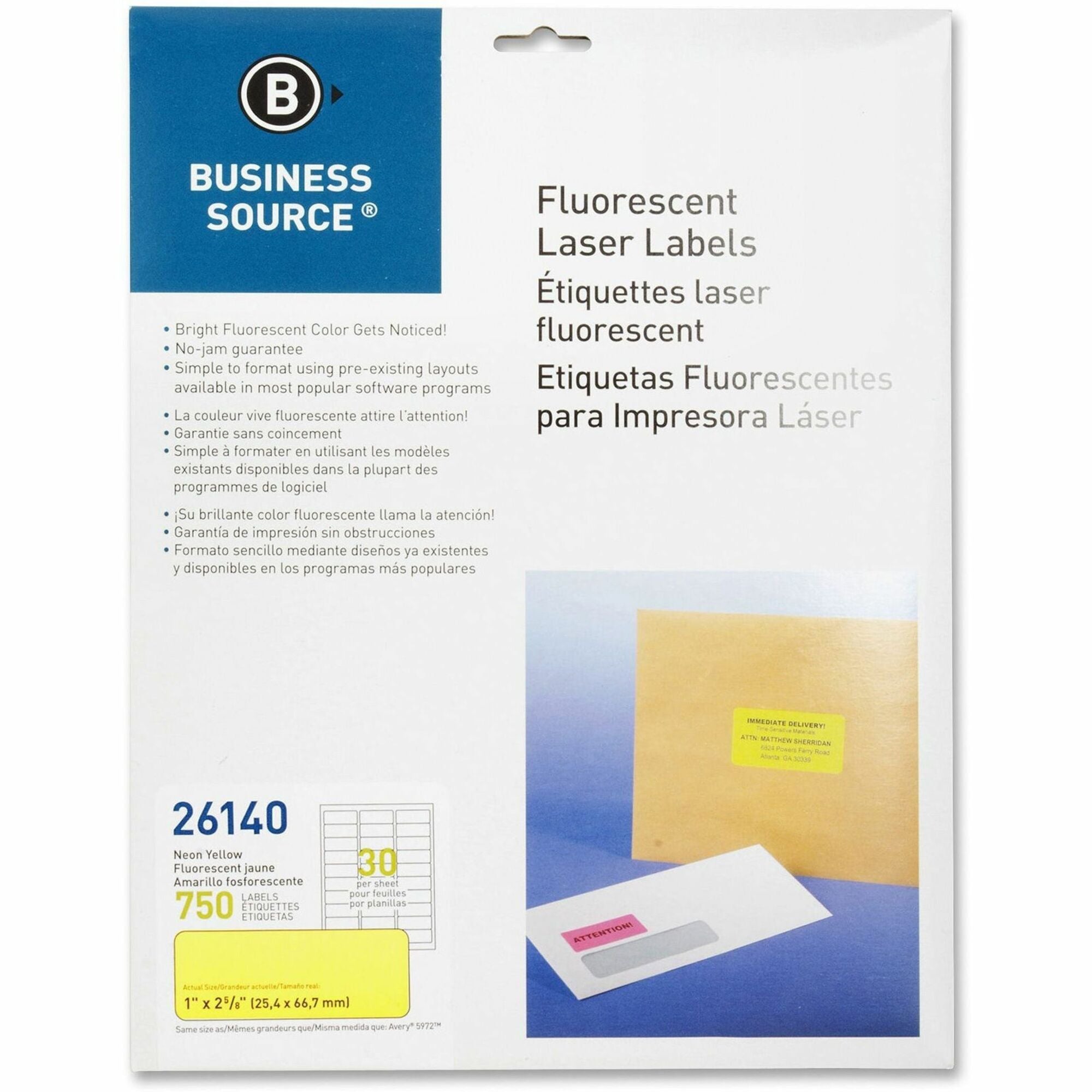 Business Source Neon Labels - 1" Width x 2 5/8" Length - Permanent Adhesive - Rectangle - Laser - Neon Yellow - 30 / Sheet - 750 / Pack - Jam-free, Pressure Sensitive - 