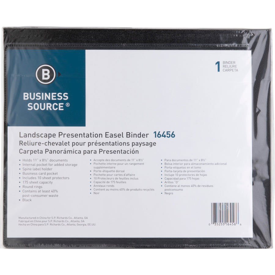 Business Source Presentation Binder - 1" Binder Capacity - Letter - 8 1/2" x 11" Sheet Size - Ring Fastener(s) - Internal Pocket(s) - Black - Recycled - Business Card Holder, Label Holder - 1 Each - 