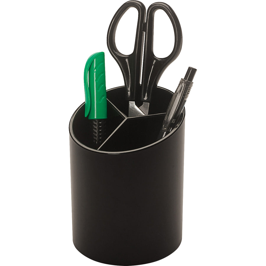 Business Source Large 3-Compartment Plastic Pencil Cup - 3" x 3" x 4.1" x - Plastic - 1 Each - Black - 