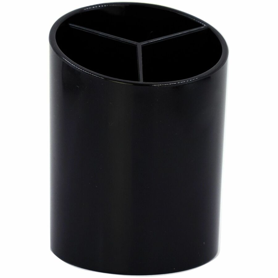 Business Source Large 3-Compartment Plastic Pencil Cup - 3" x 3" x 4.1" x - Plastic - 1 Each - Black