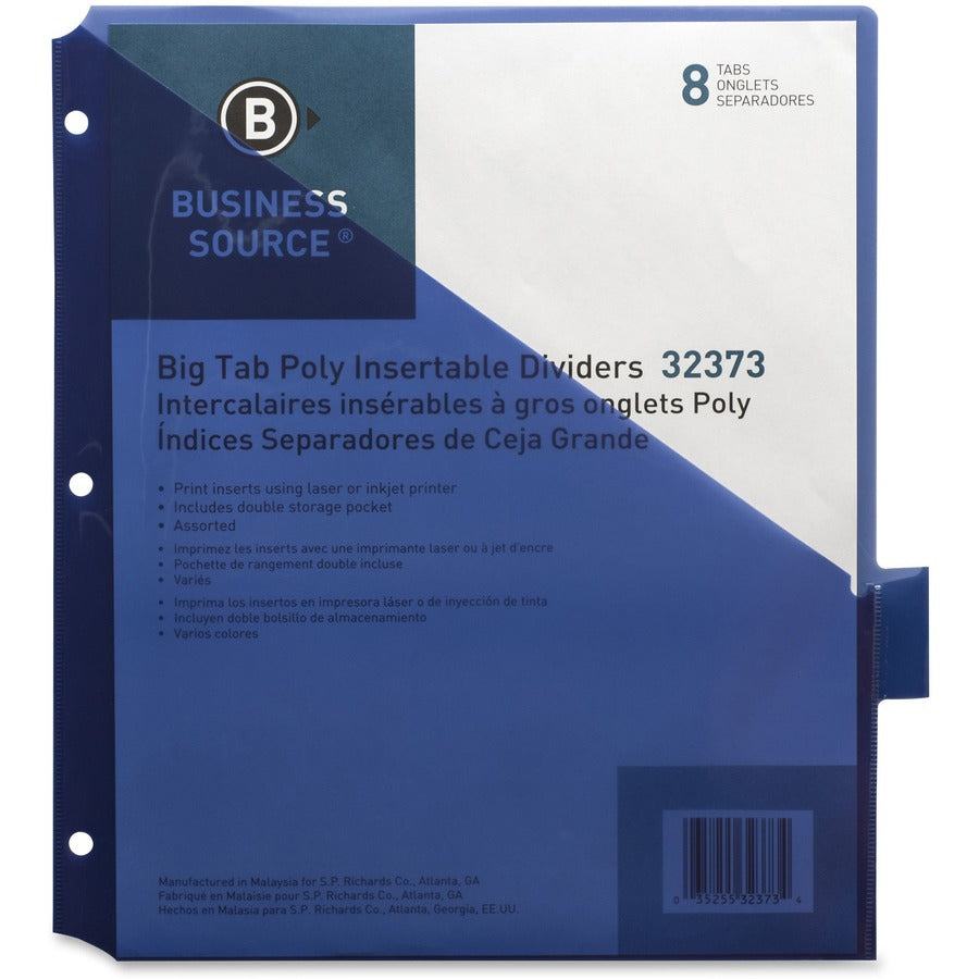 Business Source Double Pocket Index Dividers - 8 Print-on Tab(s) - 8.5" Divider Width x 11" Divider Length - Letter - Plastic Divider - Multicolor Tab(s) - Insertable - 8 / Set - 