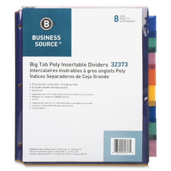 Business Source Double Pocket Index Dividers - 8 Print-on Tab(s) - 8.5" Divider Width x 11" Divider Length - Letter - Plastic Divider - Multicolor Tab(s) - Insertable - 8 / Set - 