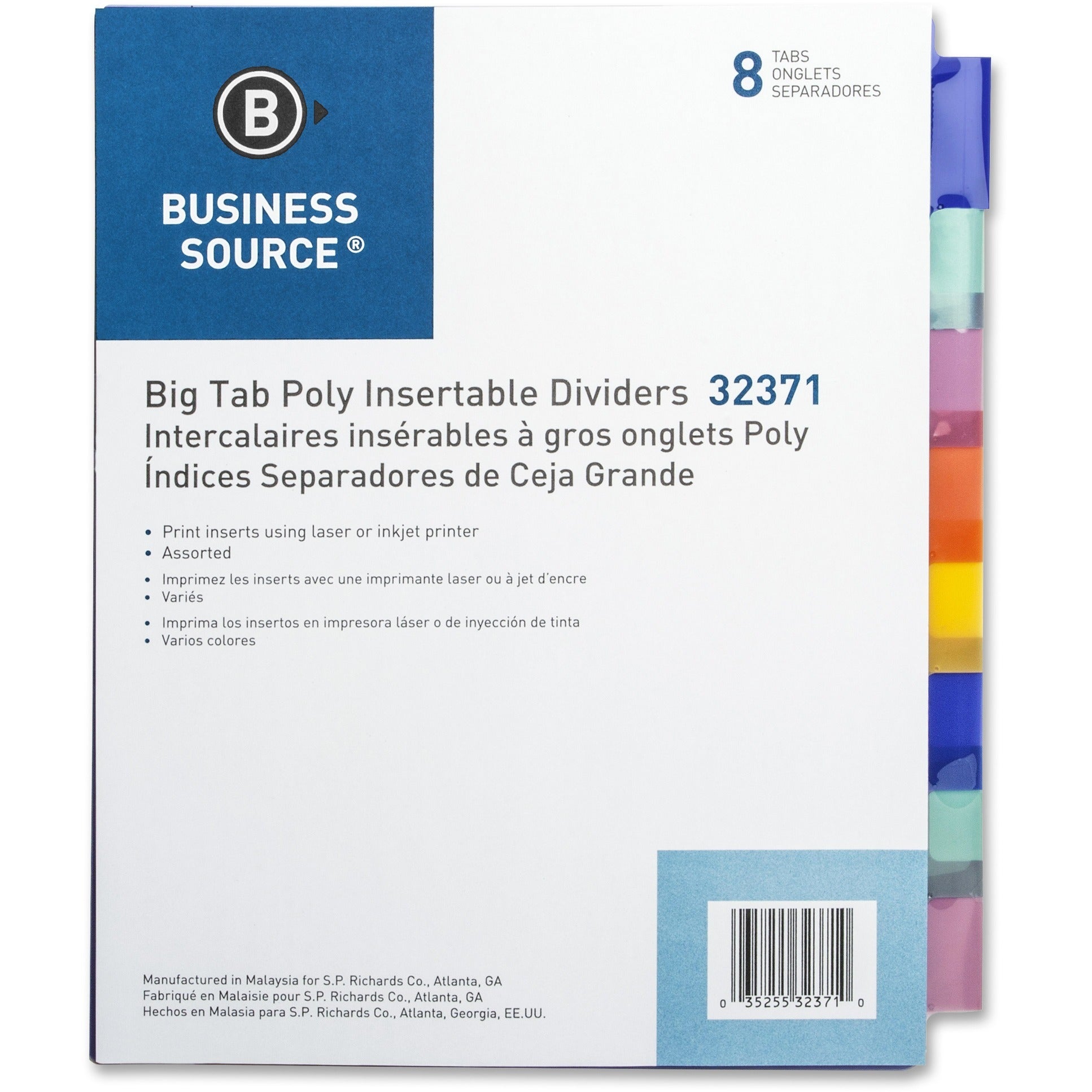 Business Source 3-Hole Poly Insert Index Dividers - 8 Print-on Tab(s) - 8.5" Divider Width x 11" Divider Length - Letter - Plastic Divider - Multicolor Tab(s) - Insertable - 8 / Set - 