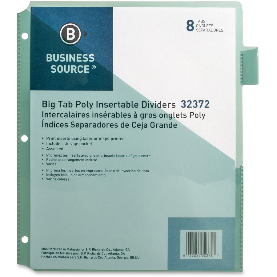 Business Source Pocket Index Dividers - 8 Print-on Tab(s) - 8.5" Divider Width x 11" Divider Length - Letter - Plastic Divider - Multicolor Tab(s) - Insertable - 8 / Set - 