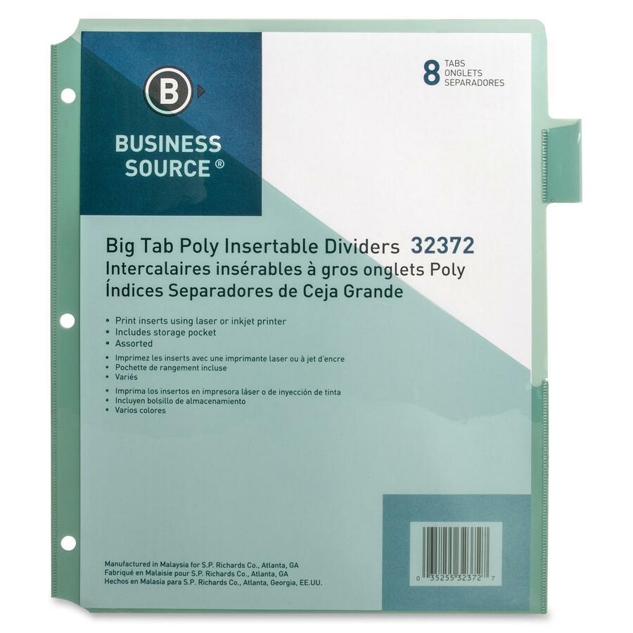 Business Source Pocket Index Dividers - 8 Print-on Tab(s) - 8.5" Divider Width x 11" Divider Length - Letter - Plastic Divider - Multicolor Tab(s) - Insertable - 8 / Set - 
