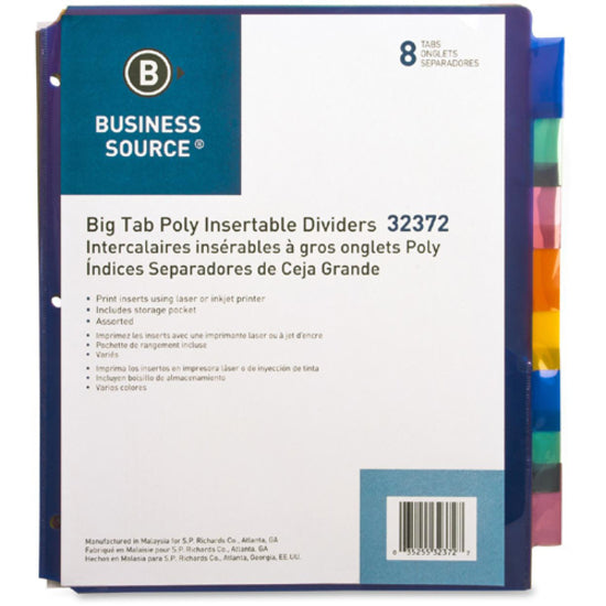 Business Source Pocket Index Dividers - 8 Print-on Tab(s) - 8.5" Divider Width x 11" Divider Length - Letter - Plastic Divider - Multicolor Tab(s) - Insertable - 8 / Set - 