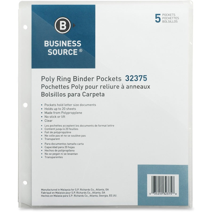 Business Source Poly Binder Pockets - 40 x Sheet Capacity - For Letter 8 1/2" x 11" Sheet - 3 x Holes - Rectangular - Clear - Polypropylene - 5 / Pack - 