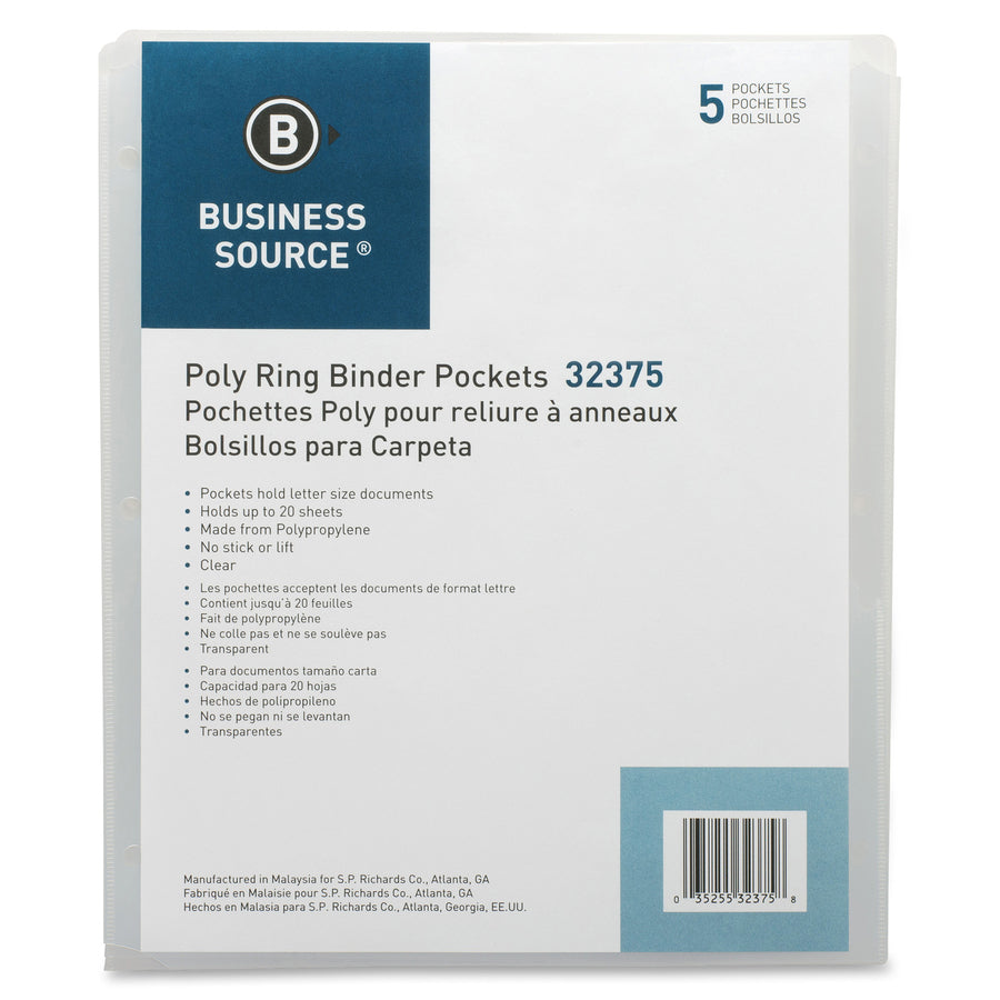 Business Source Poly Binder Pockets - 40 x Sheet Capacity - For Letter 8 1/2" x 11" Sheet - 3 x Holes - Rectangular - Clear - Polypropylene - 5 / Pack - 