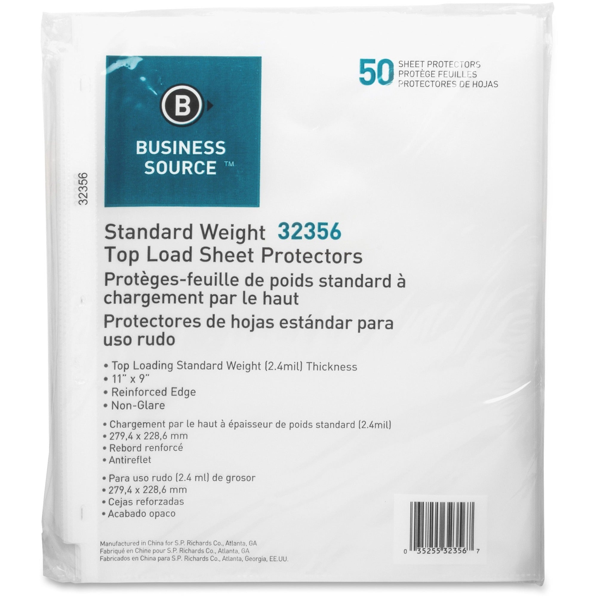 Business Source Nonglare Top-loading Sheet Protectors - 11" Height x 9" Width - 2.4 mil Thickness - For Letter 8 1/2" x 11" Sheet - Rectangular - Clear - Polypropylene - 50 / Pack - 