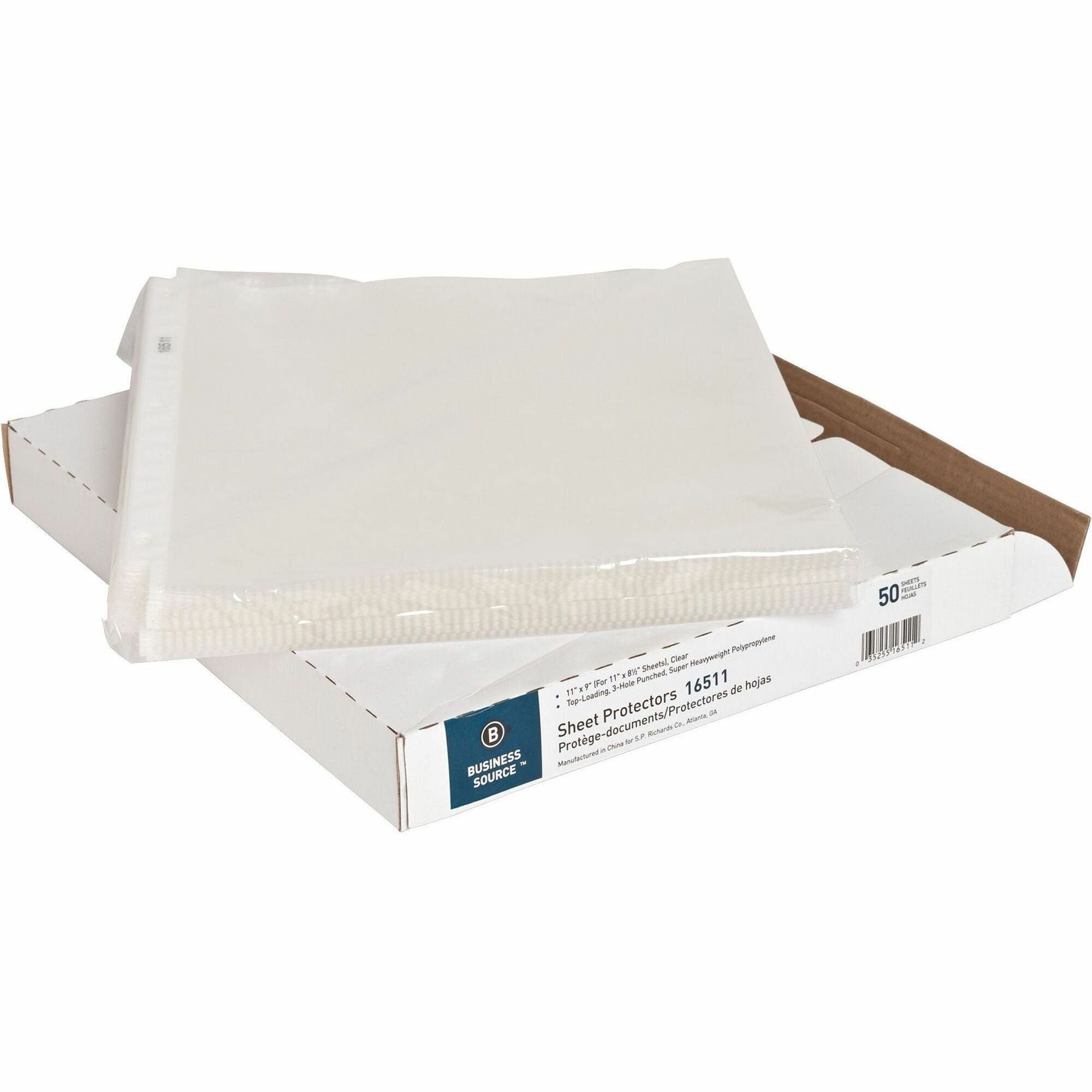 Business Source Sheet Protectors - 5 mil Thickness - For Letter 8 1/2" x 11" Sheet - 3 x Holes - Ring Binder - Top Loading - Rectangular - Clear - Polypropylene - 50 / Box