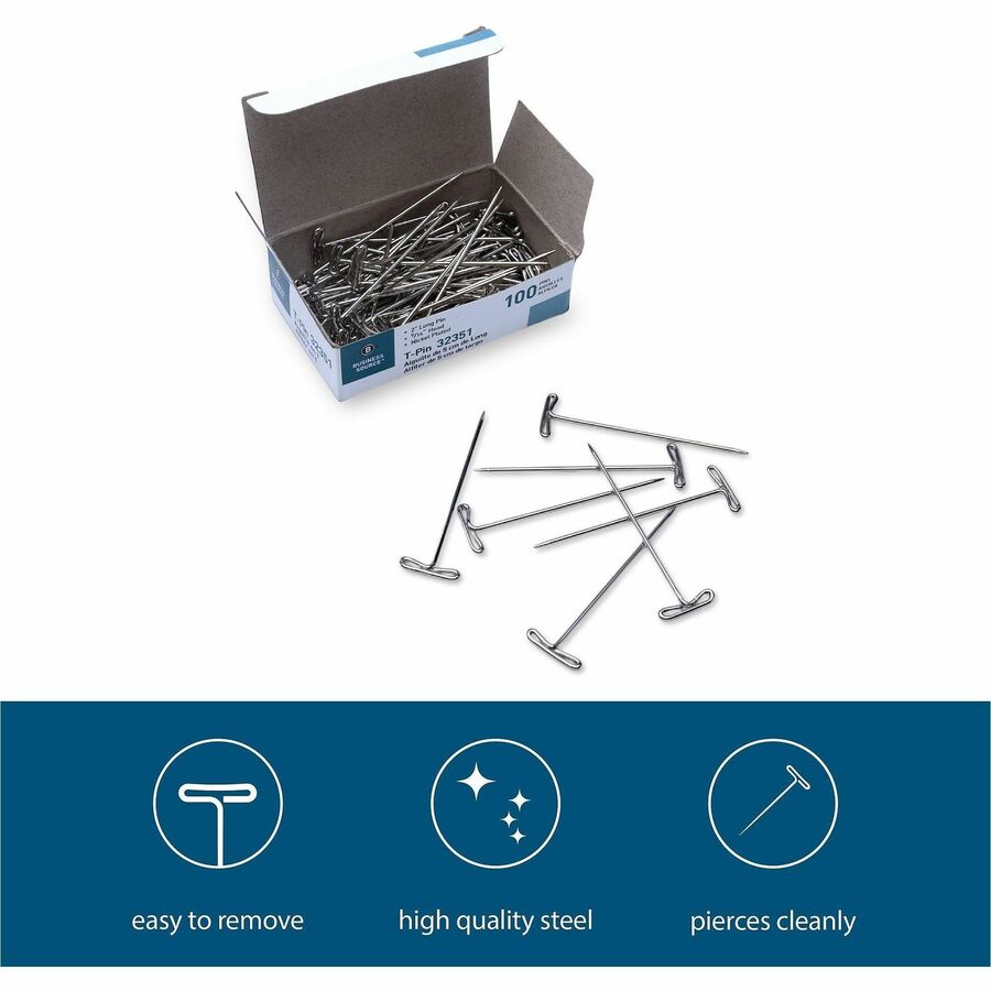 Business Source High Quality Steel T-pins - 0.56" Head - 2" Length x 0.6" Width - 100 / Box - Silver - Steel