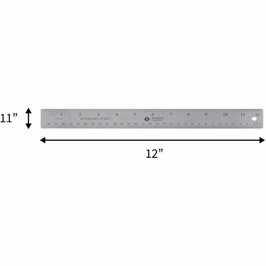Business Source Nonskid Stainless Steel Ruler - 12" Length - 1/16, 1/32 Graduations - Metric Measuring System - Stainless Steel - 1 Each - Silver