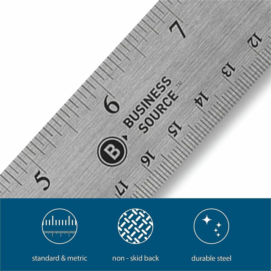 Business Source Nonskid Stainless Steel Ruler - 12" Length - 1/16, 1/32 Graduations - Metric Measuring System - Stainless Steel - 1 Each - Silver