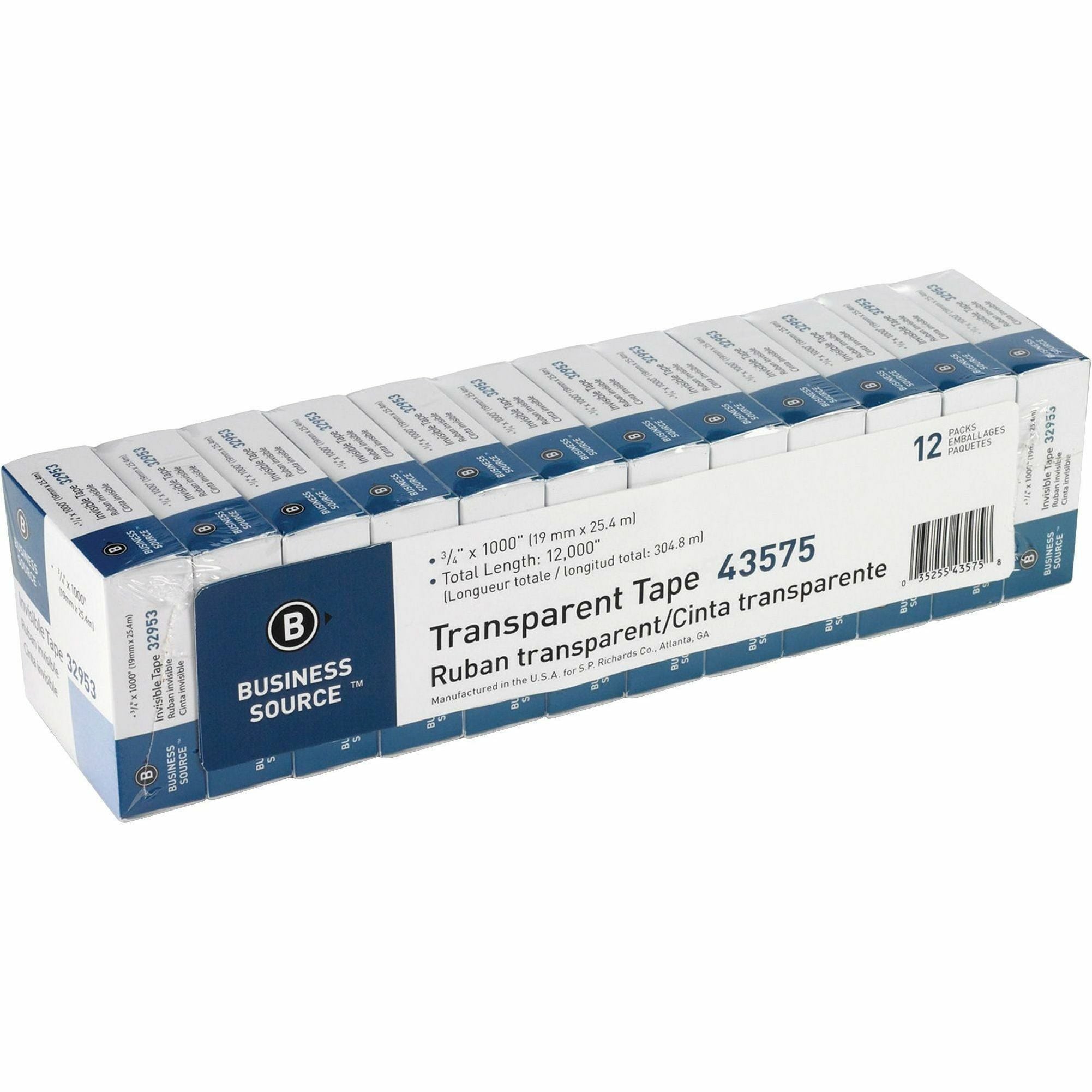 Business Source All-purpose Transparent Glossy Tape - 27.78 yd Length x 0.75" Width - 1" Core - For Sealing, Mending, Protecting - 12 / Pack - Clear - 