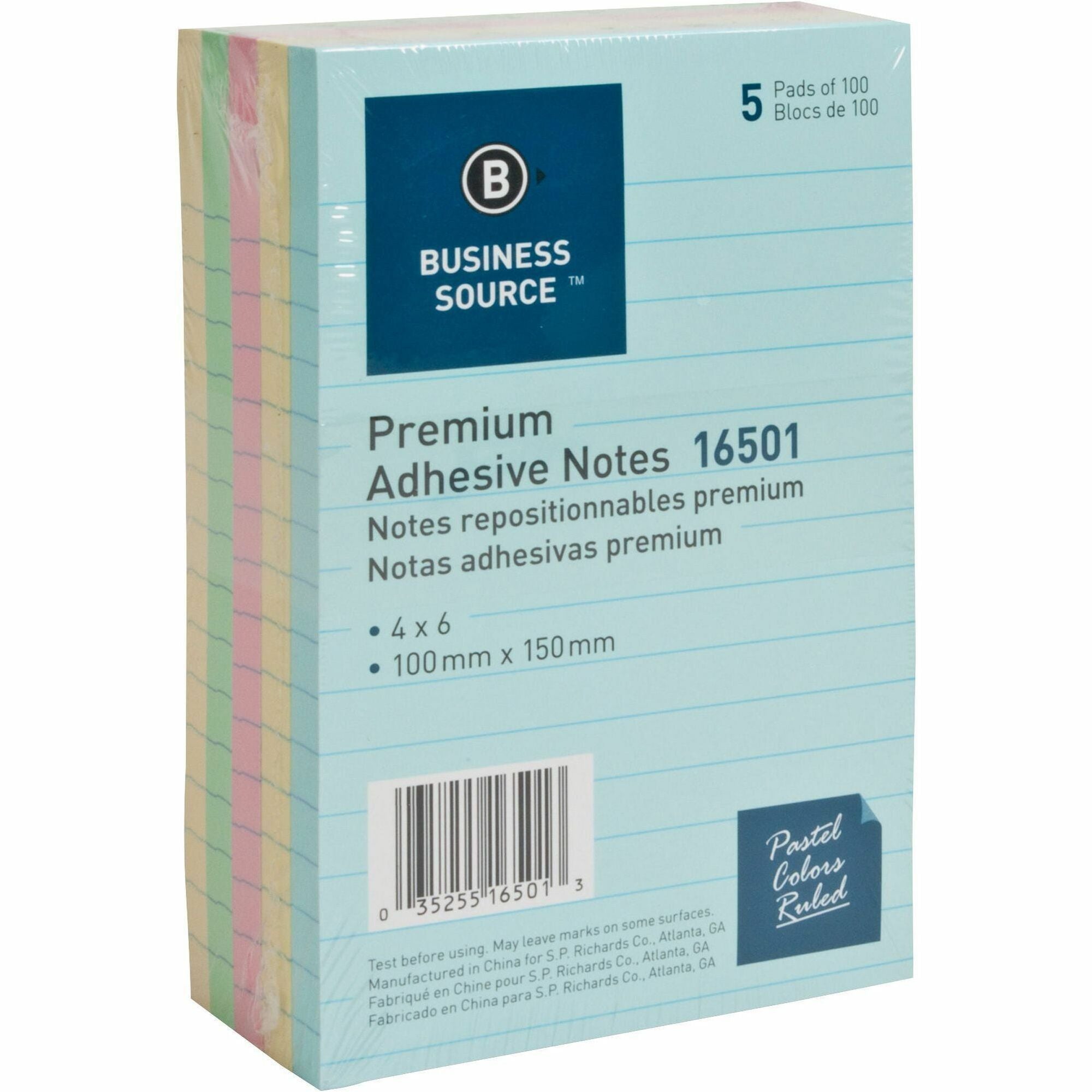 Business Source Ruled Adhesive Notes - 4" x 6" - Square - Ruled - Pastel - Self-adhesive, Solvent-free Adhesive - 5 / Pack - 