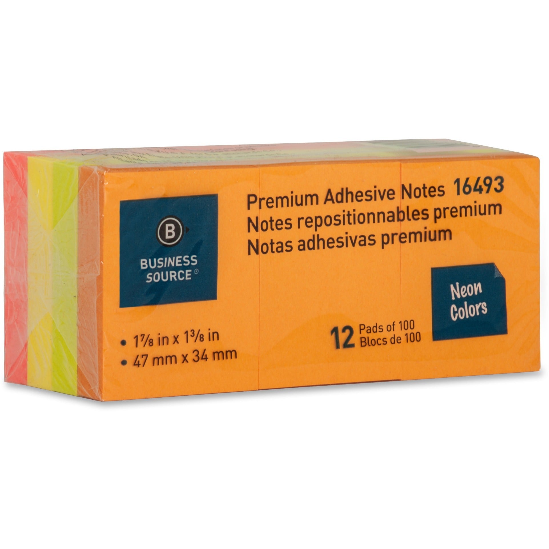 Business Source Premium Repostionable Adhesive Notes - 1.50" x 2" - Rectangle - Unruled - Neon - Self-adhesive, Repositionable, Solvent-free Adhesive - 12 / Pack - 