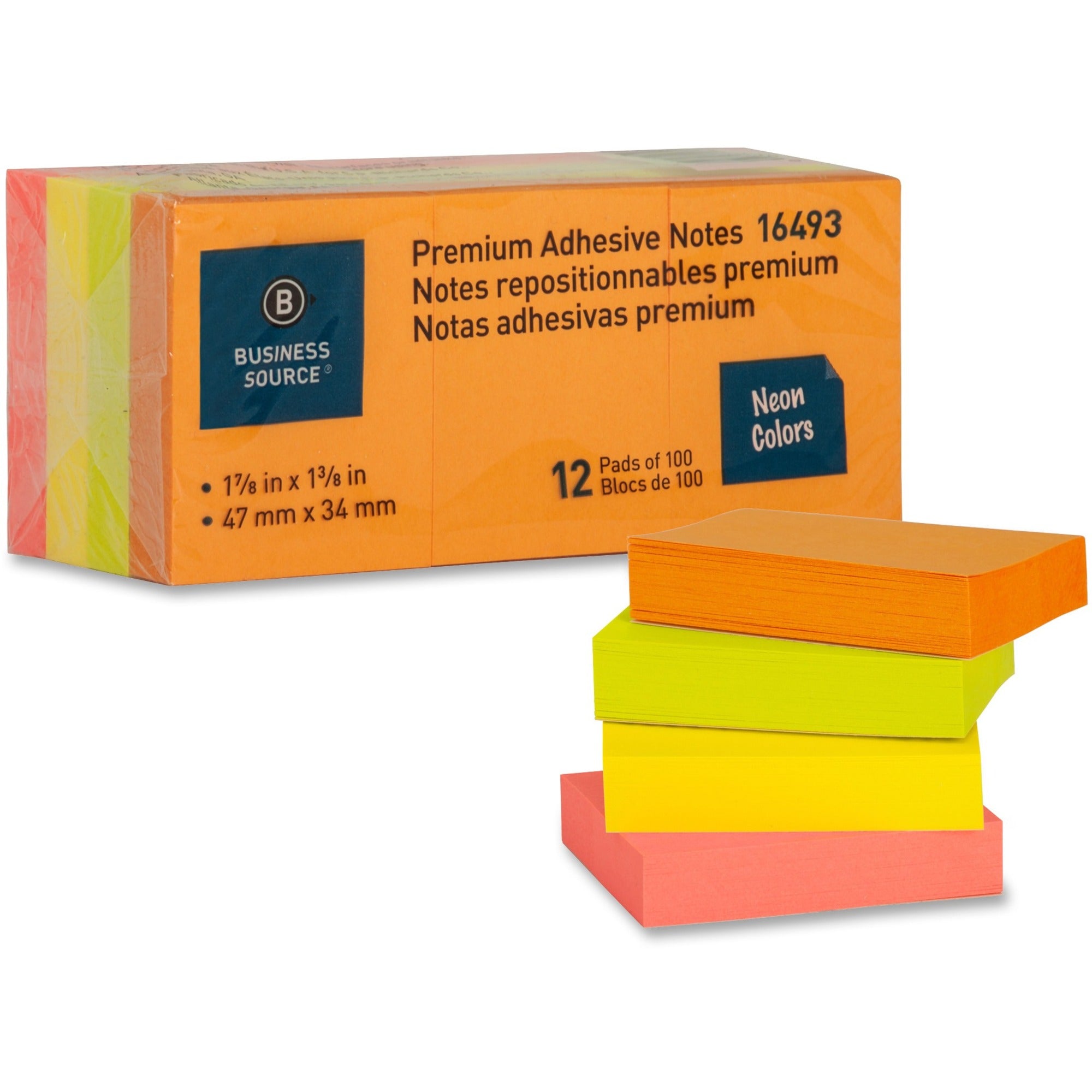 Business Source Premium Repostionable Adhesive Notes - 1.50" x 2" - Rectangle - Unruled - Neon - Self-adhesive, Repositionable, Solvent-free Adhesive - 12 / Pack - 