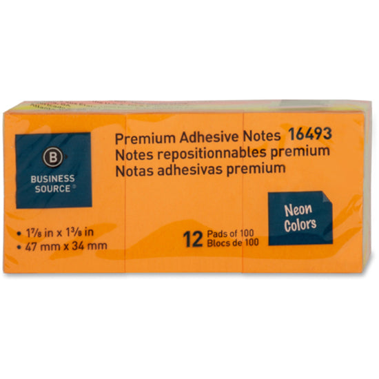 Business Source Premium Repostionable Adhesive Notes - 1.50" x 2" - Rectangle - Unruled - Neon - Self-adhesive, Repositionable, Solvent-free Adhesive - 12 / Pack - 