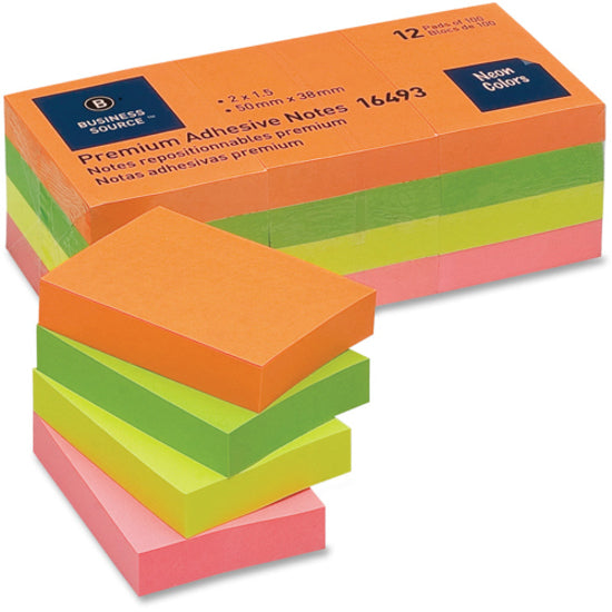 Business Source Premium Repostionable Adhesive Notes - 1.50" x 2" - Rectangle - Unruled - Neon - Self-adhesive, Repositionable, Solvent-free Adhesive - 12 / Pack - 