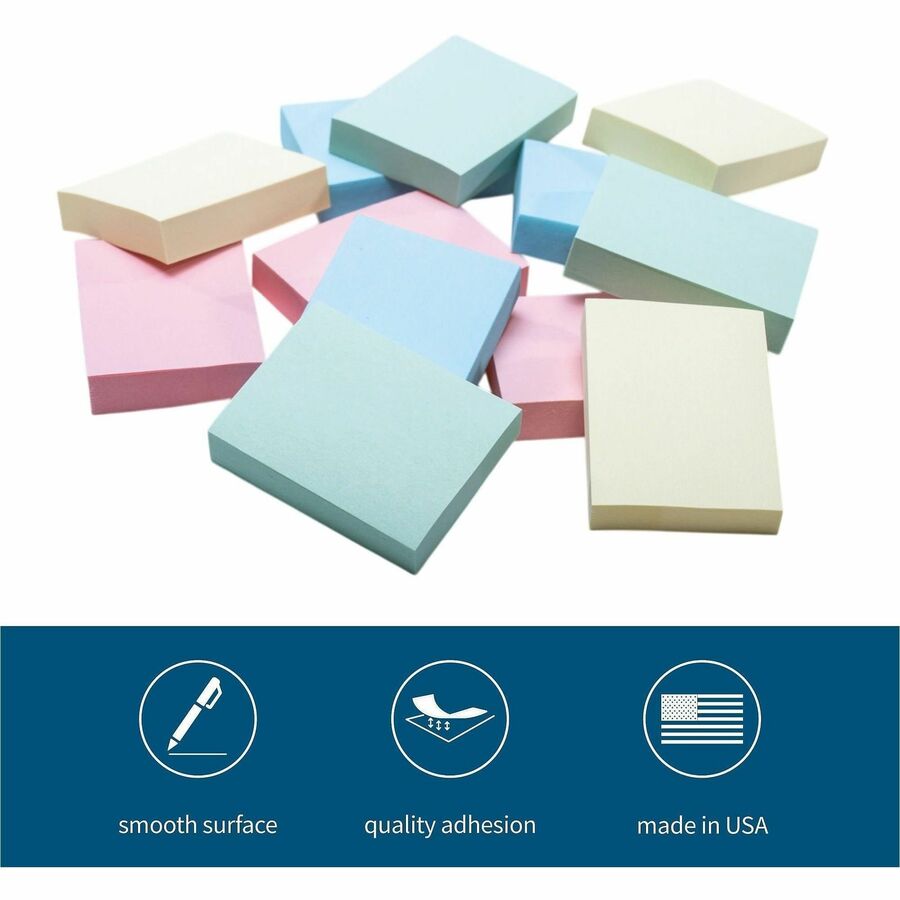 Business Source Premium Plain Pastel Adhesive Notes - 1.50" x 2" - Rectangle - Unruled - Pastel - Self-adhesive, Repositionable, Solvent-free Adhesive - 12 / Pack